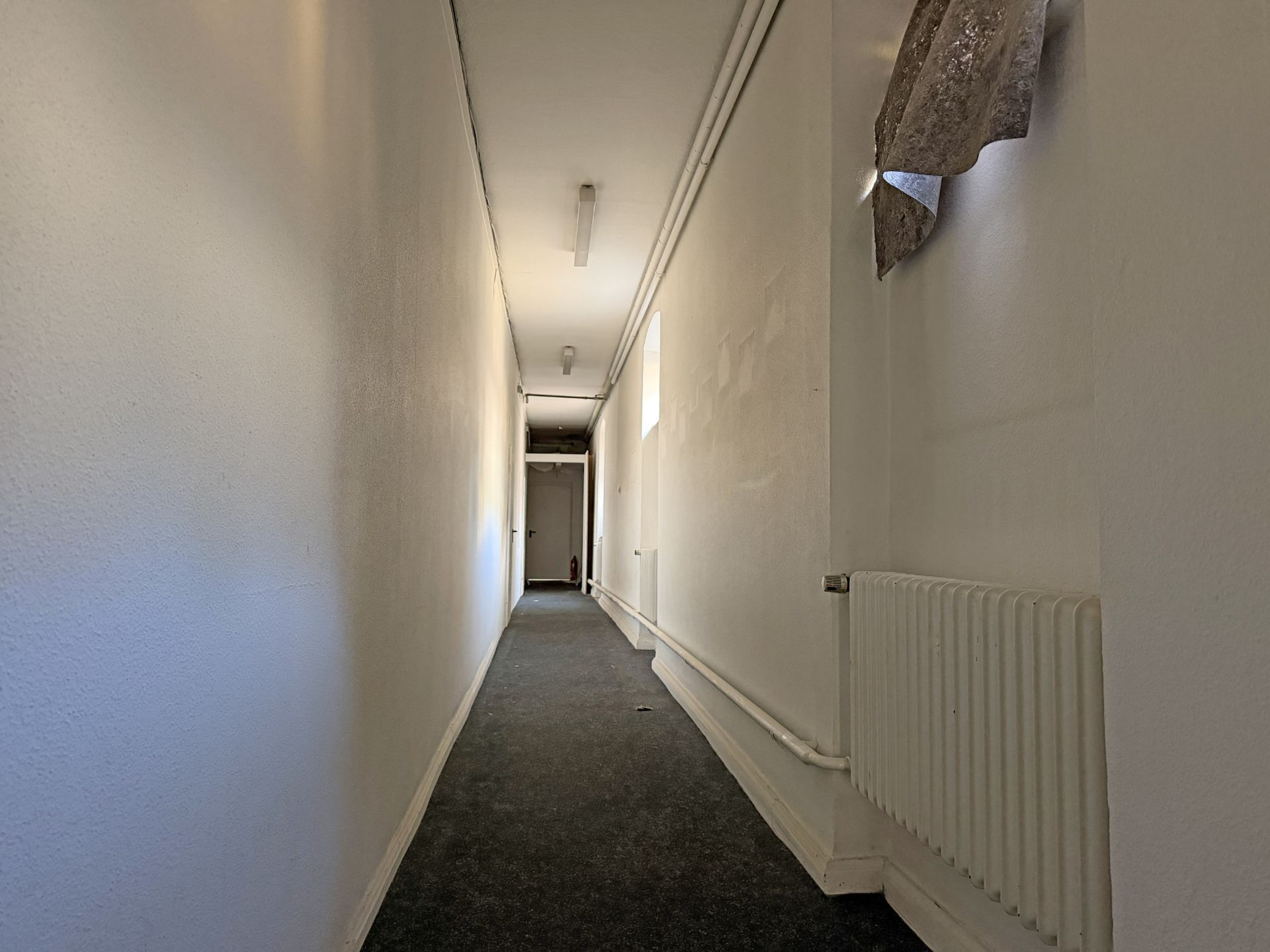 Langer, schmaler Flur mit weißen Wänden, Teppichboden und Heizkörper an der rechten Wand.