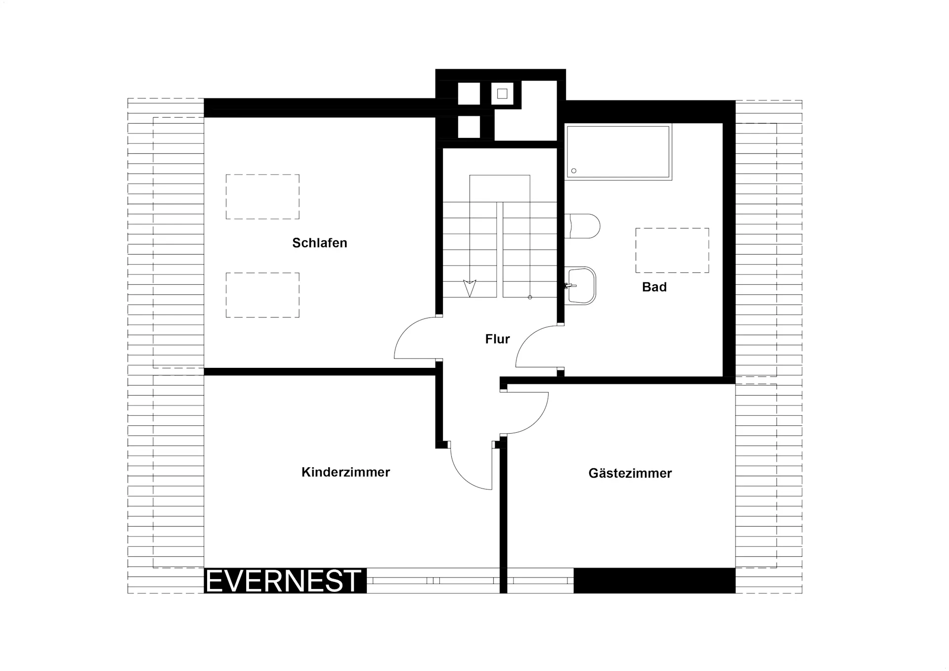 Grundriss zeigt Schlaf-, Kinder-, Gästezimmer, Bad und Flur.
