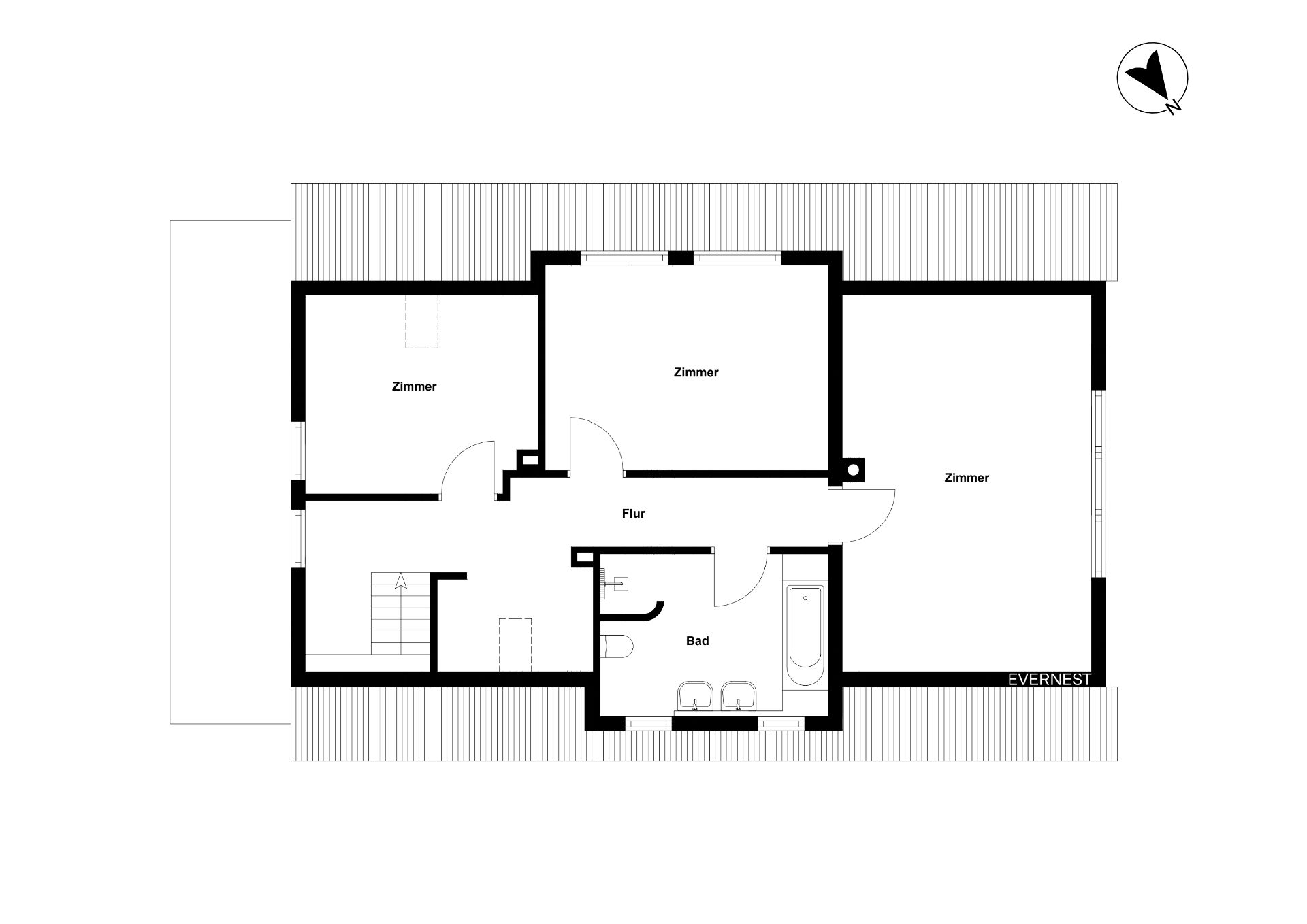Grundriss mit drei Zimmern, Flur, Bad und Treppe.