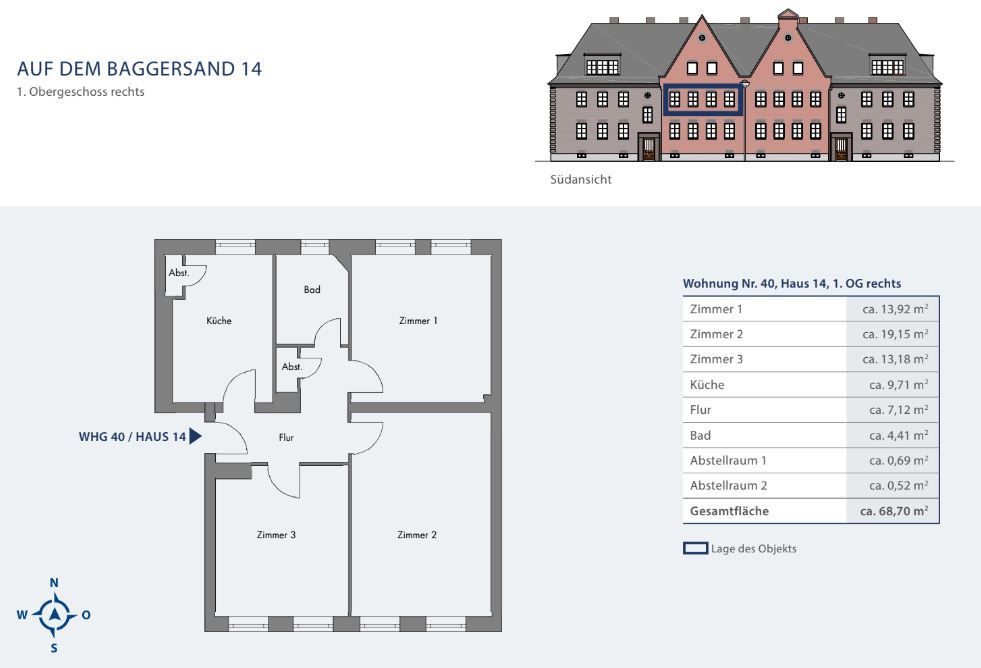 Grundriss einer Wohnung mit drei Zimmern, Küche, Bad und Flur. Außenansicht des Gebäudes oben rechts.