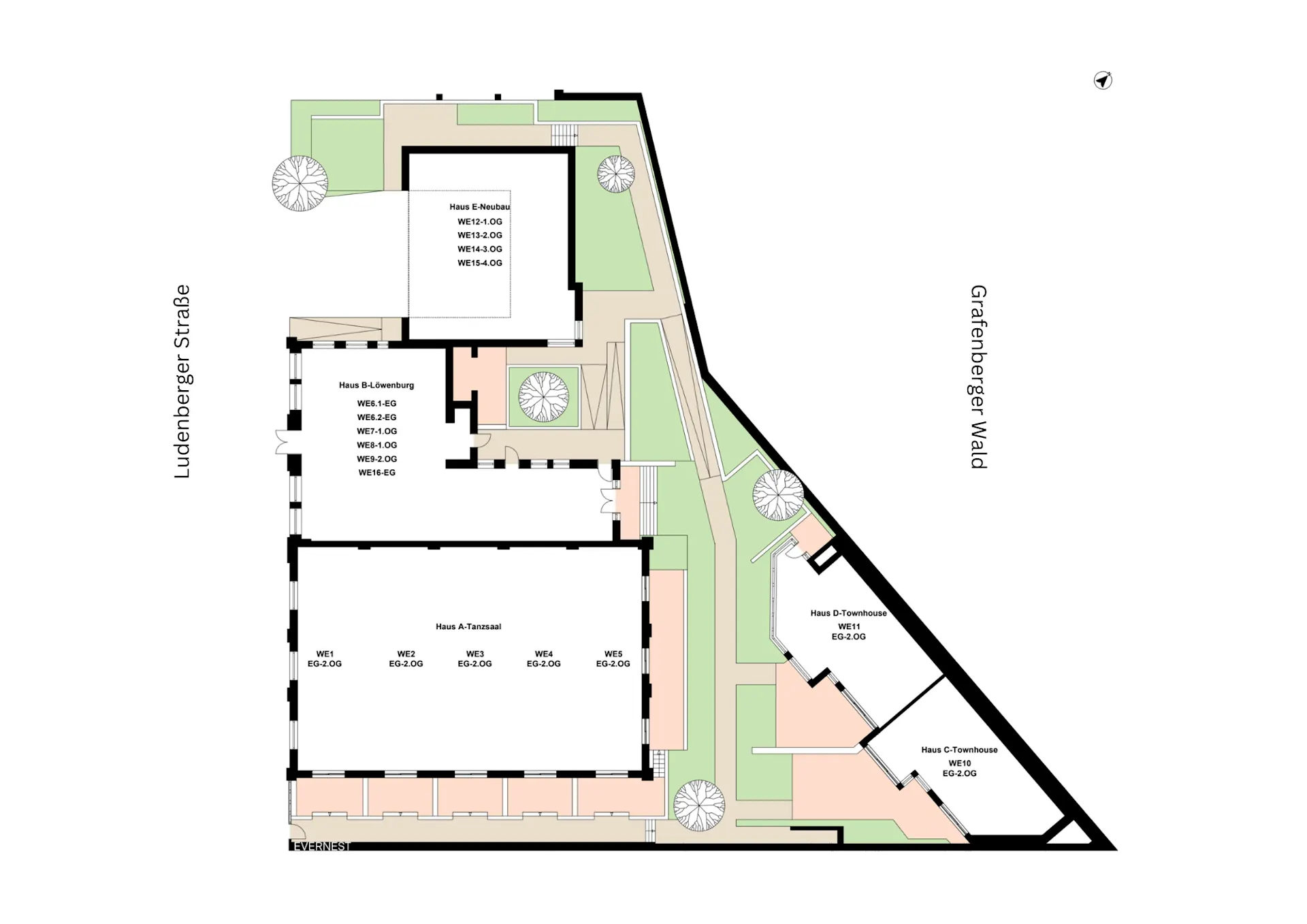 Grundriss eines Wohnkomplexes mit mehreren Gebäuden, Wegen und Grünflächen.
