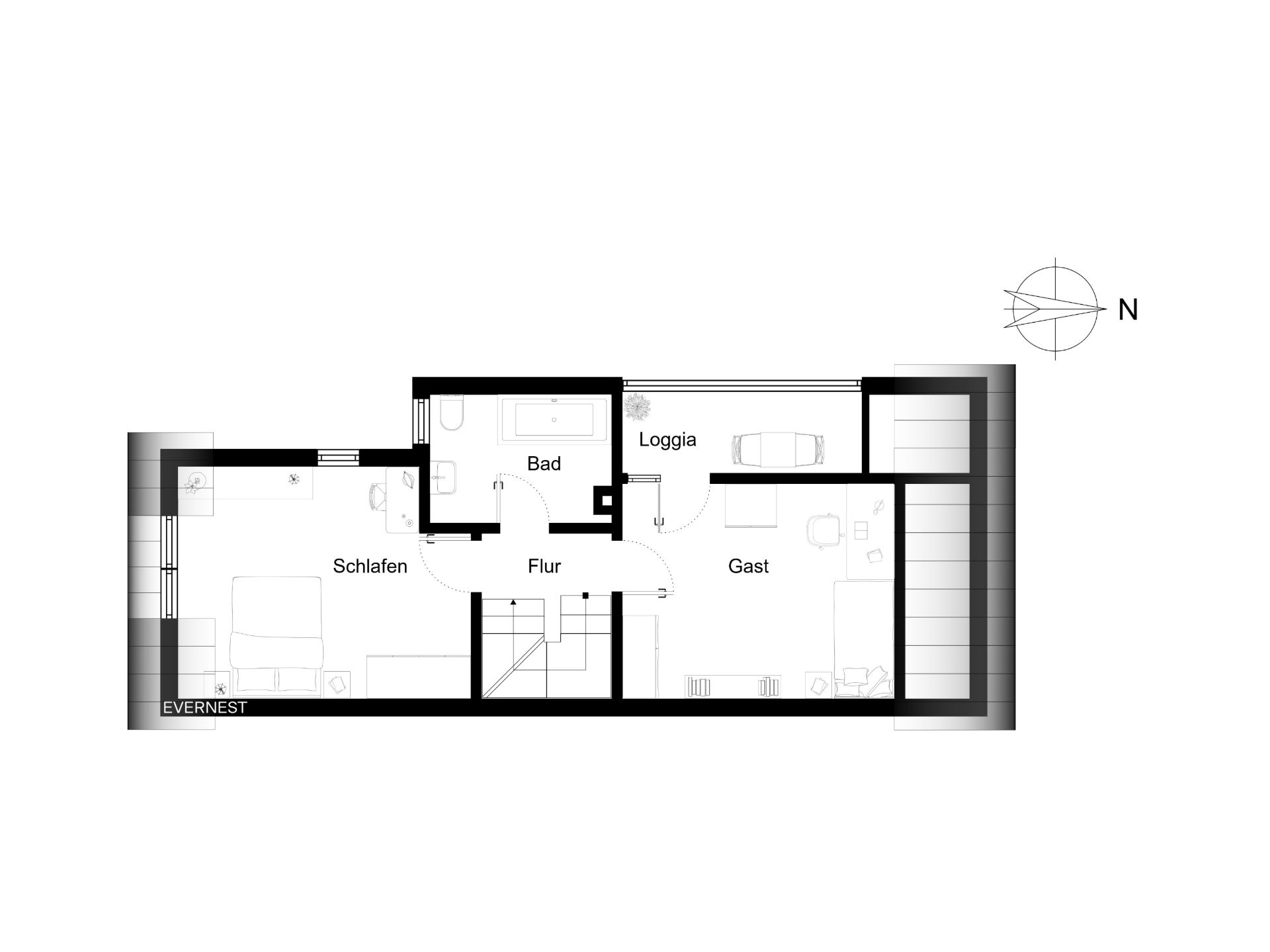 Grundriss mit Schlafzimmer, Bad, Flur, Gästezimmer und Loggia.