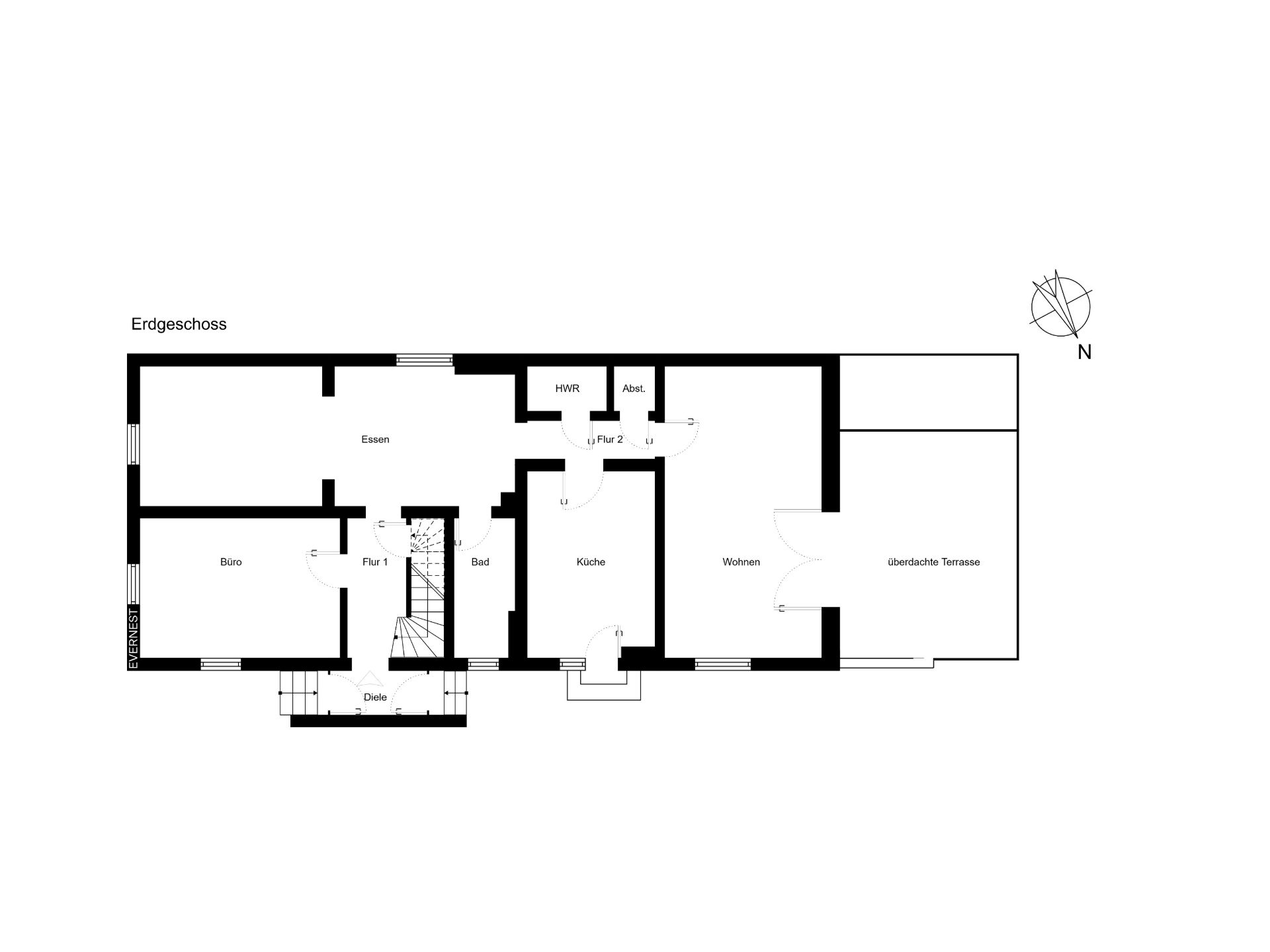 Grundriss des Erdgeschosses mit Büro, Bad, Küche, Ess- und Wohnzimmer sowie Terrasse.