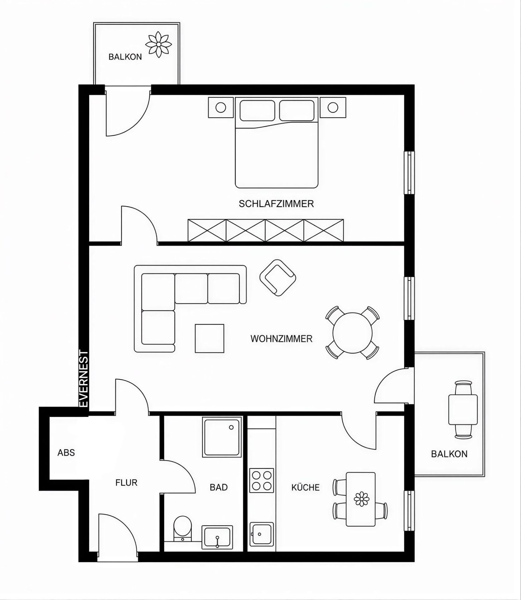 Grundriss einer Wohnung mit Schlafzimmer, Wohnzimmer, Küche, Bad, Flur, Abstellraum und zwei Balkonen.