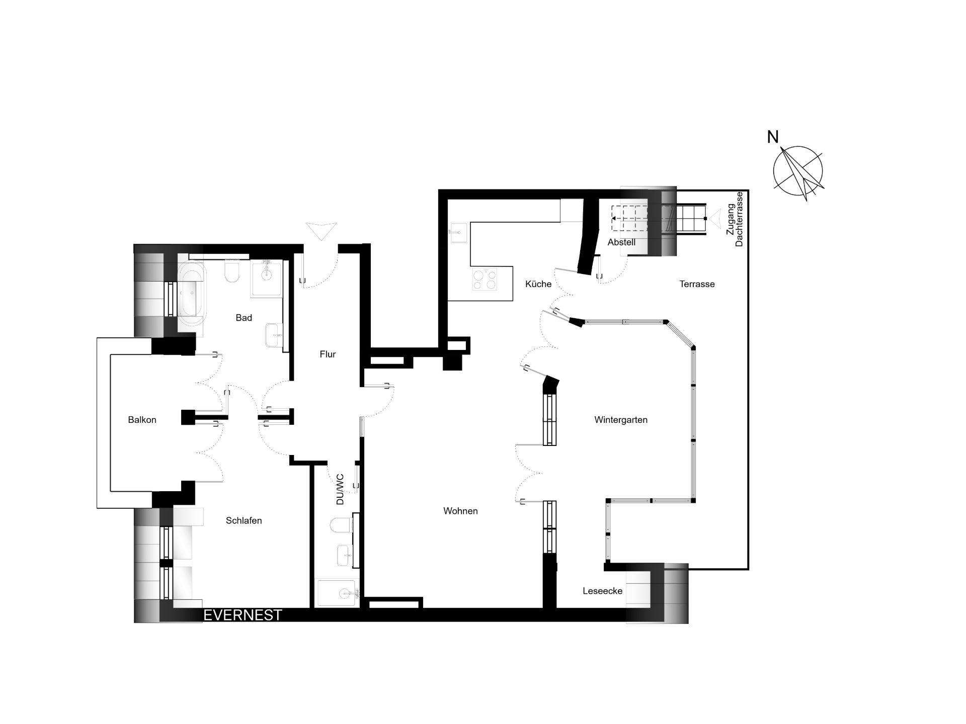 Grundriss einer Wohnung mit Balkon, Terrasse, Wintergarten, Küche, Bad und Schlafzimmer.