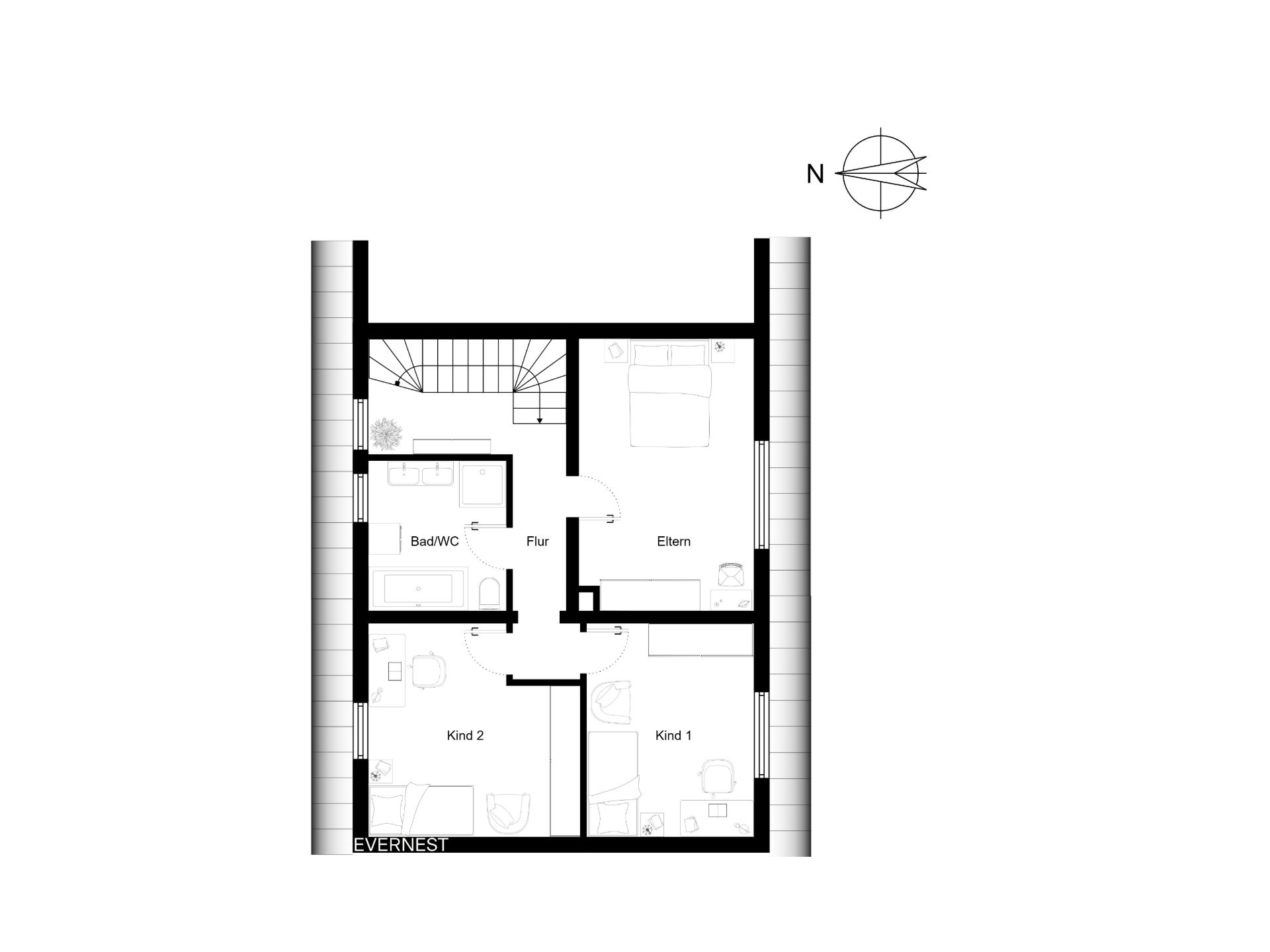 Grundriss einer Wohnung mit Elternschlafzimmer, zwei Kinderzimmern, Bad und Flur.