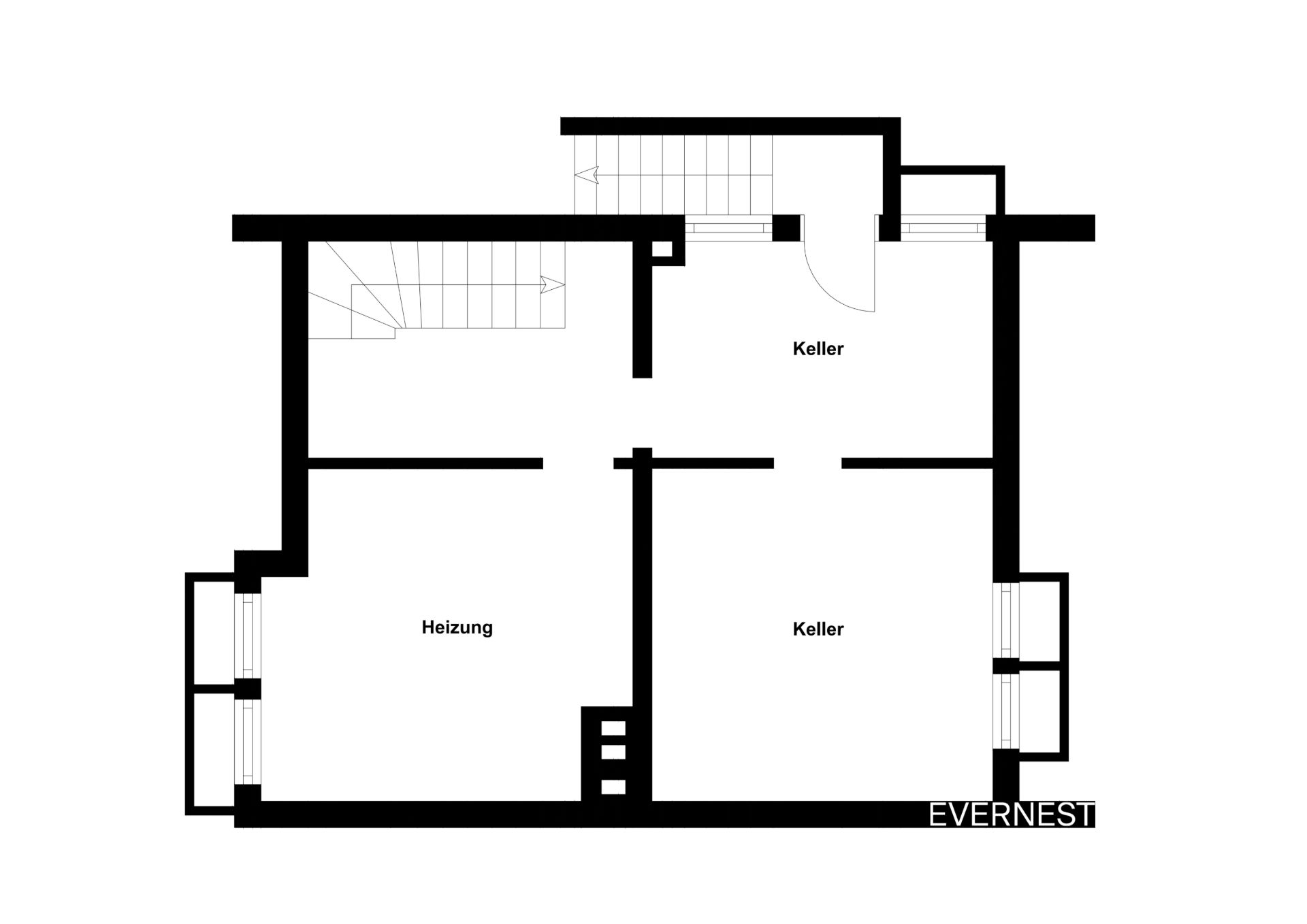Grundriss eines Kellers mit Heizungsraum und zwei Kellerräumen.
