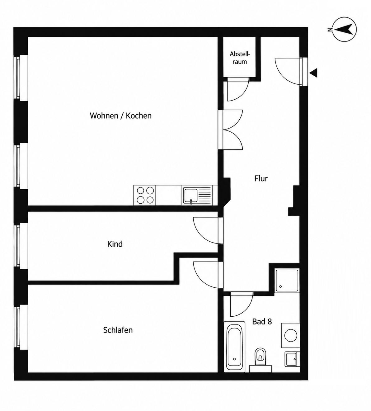 Grundriss einer Wohnung mit Wohnküche, Schlafzimmer, Kinderzimmer, Bad, Flur und Abstellraum.