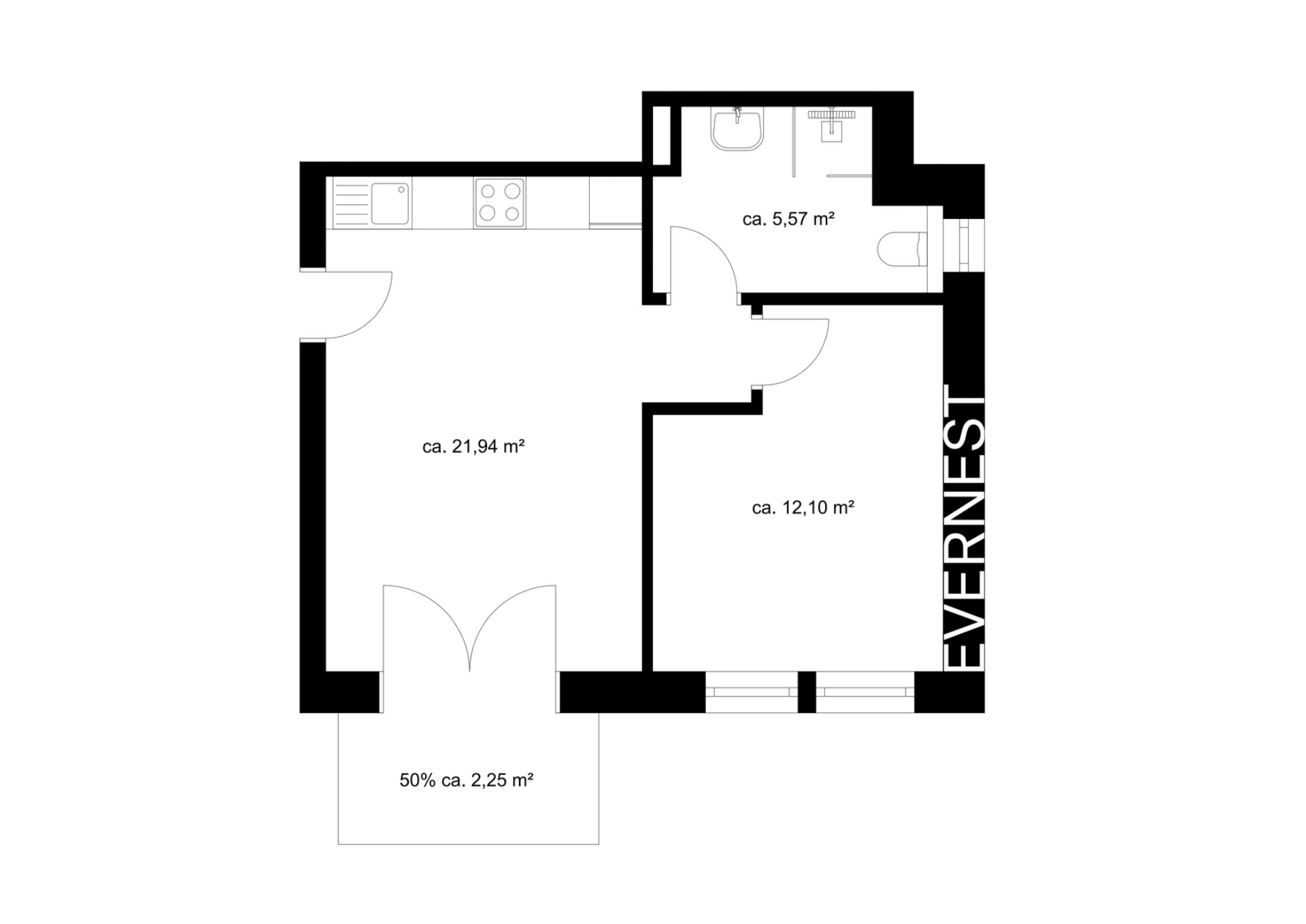 Wohnungsgrundriss mit Küche, Bad, Zimmer und kleinem Balkon, Flächenangaben in Quadratmetern.