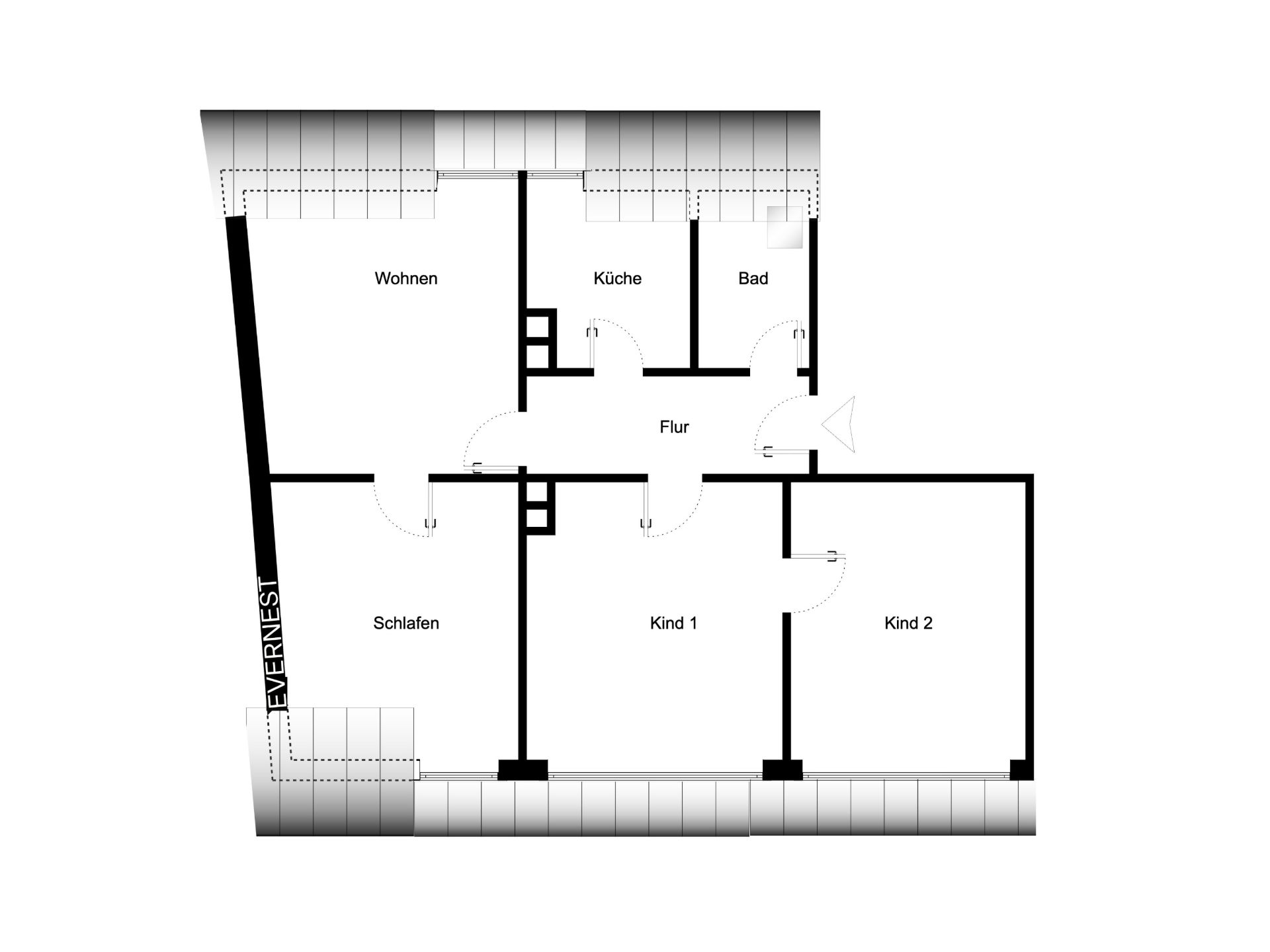 Grundriss mit Wohnzimmer, Küche, Bad, Flur, Schlafzimmer und zwei Kinderzimmern.