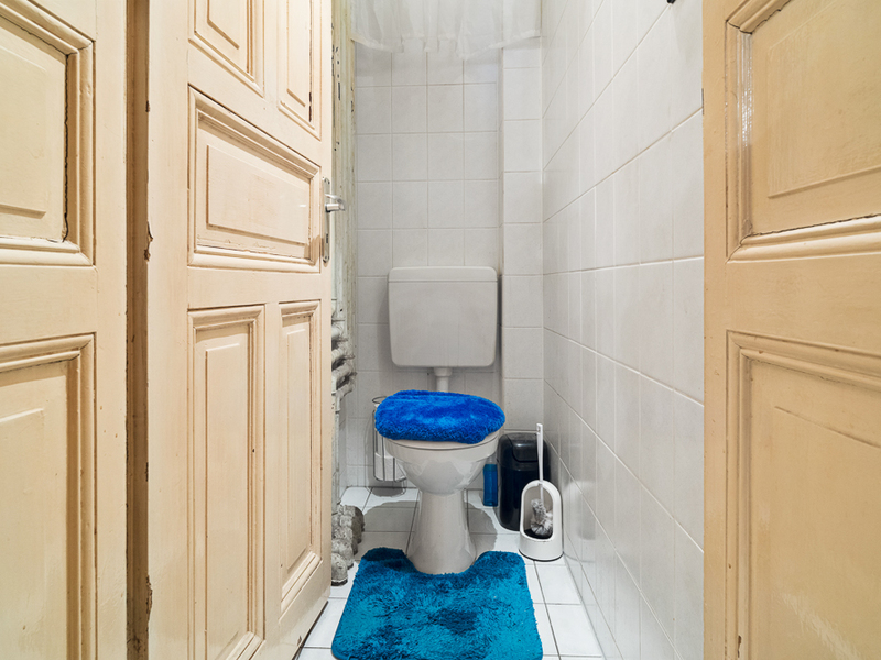 Kleines Badezimmer mit Toilette, blauer Badematte und blauem Toilettendeckelbezug.