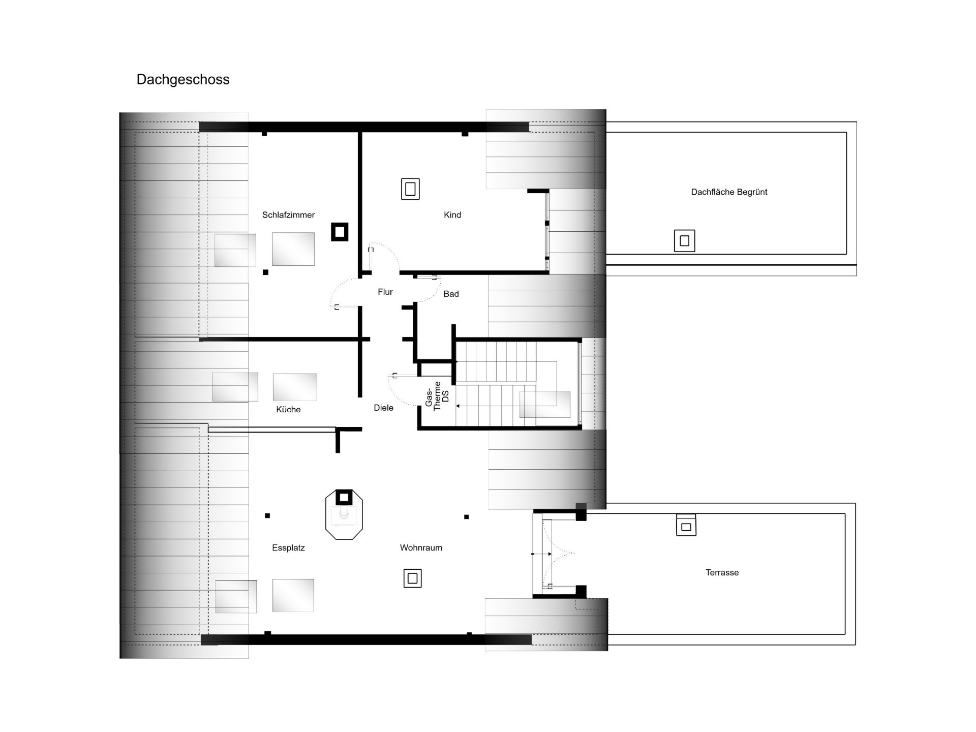 Grundriss eines Dachgeschosses mit Schlafzimmer, Kinderzimmer, Küche, Bad, Wohnraum und Terrasse.