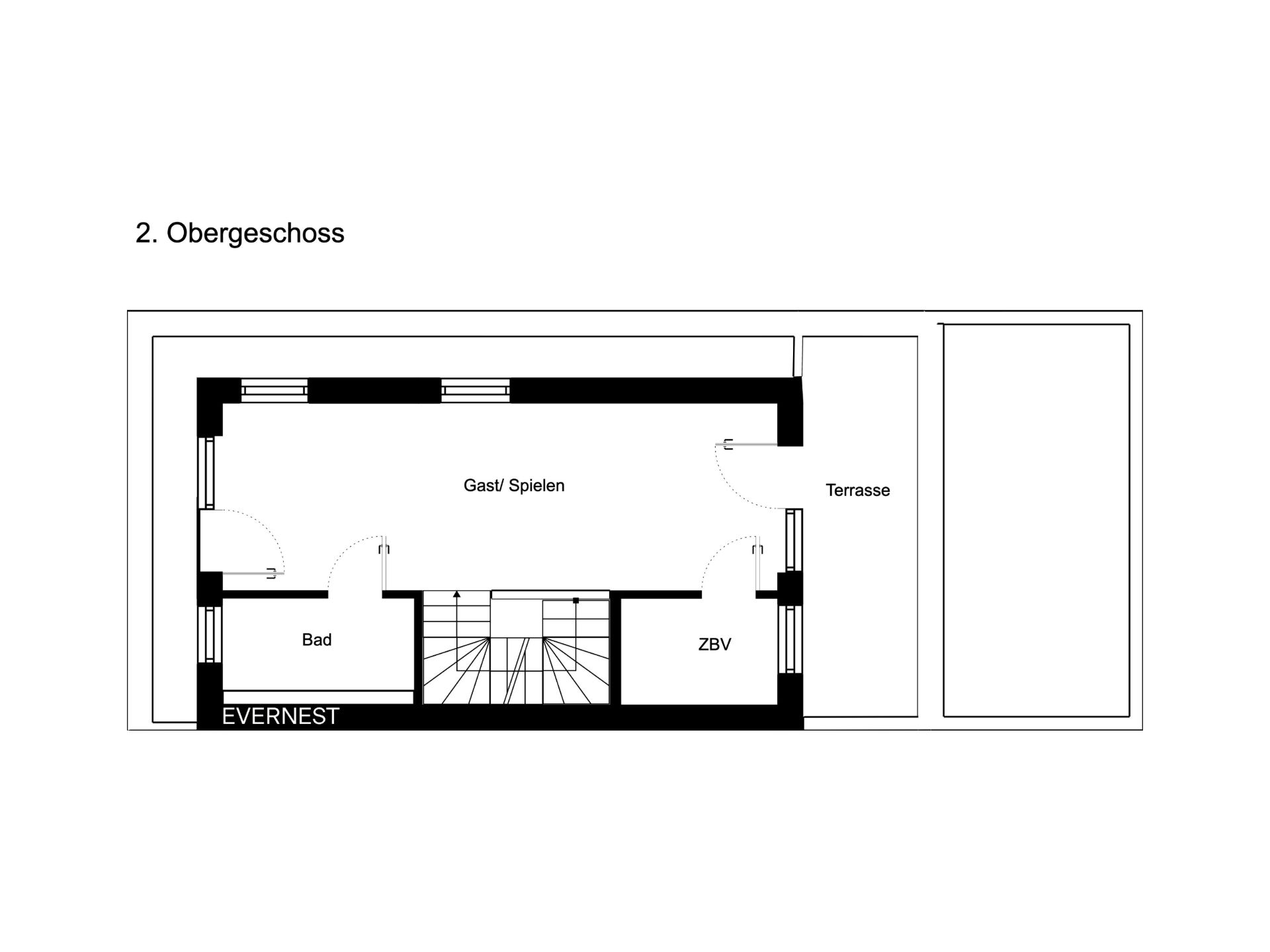 Grundriss des 2. Obergeschosses mit Bad, Gast/Spielen, ZBV, Treppe und Terrasse.