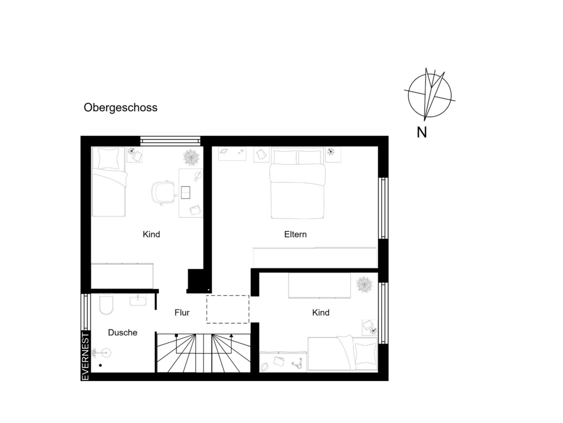 Grundriss des Obergeschosses mit zwei Kinderzimmern, Schlafzimmer, Dusche und Flur.