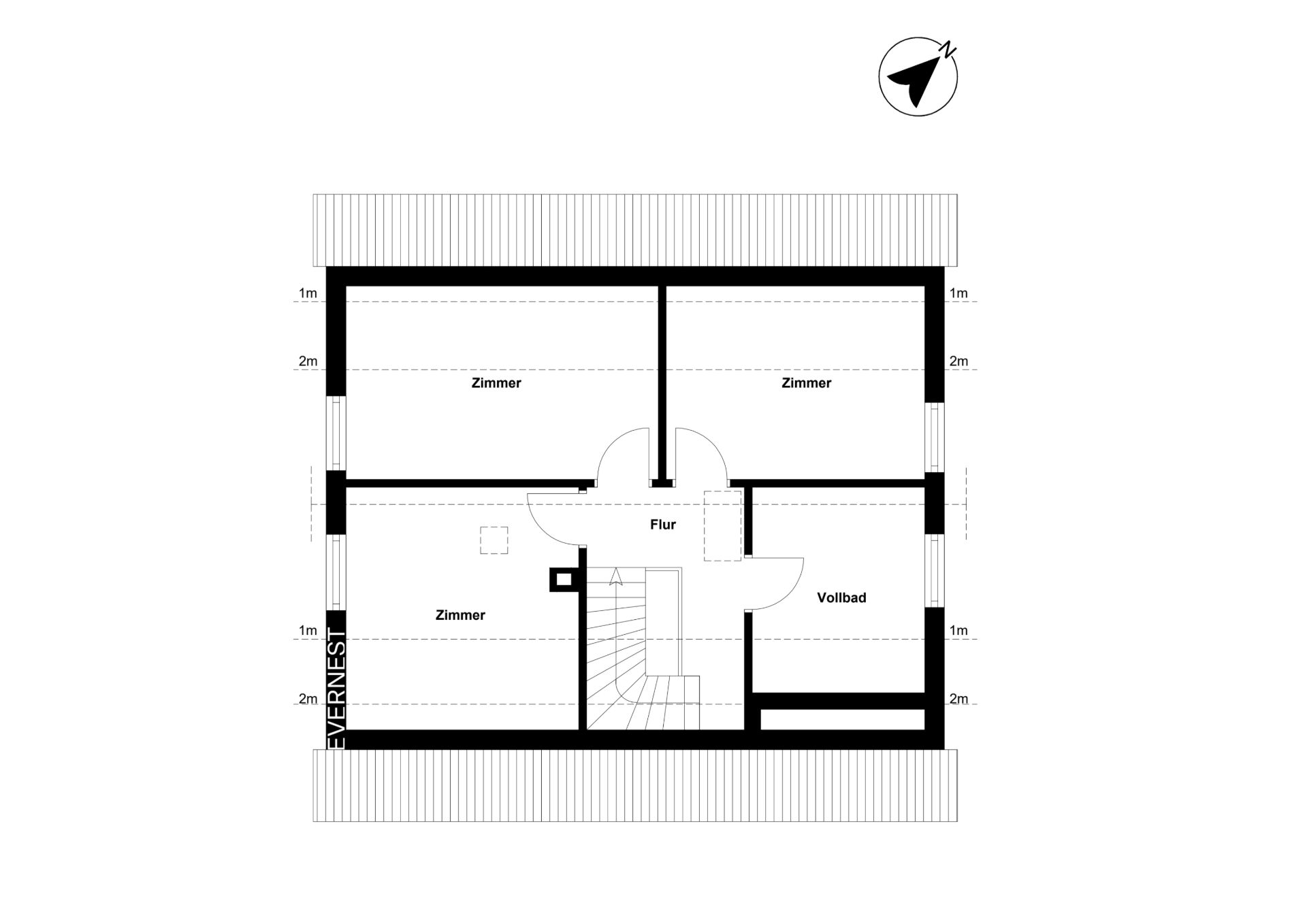 Grundriss mit drei Zimmern, Flur, Treppe und Vollbad.