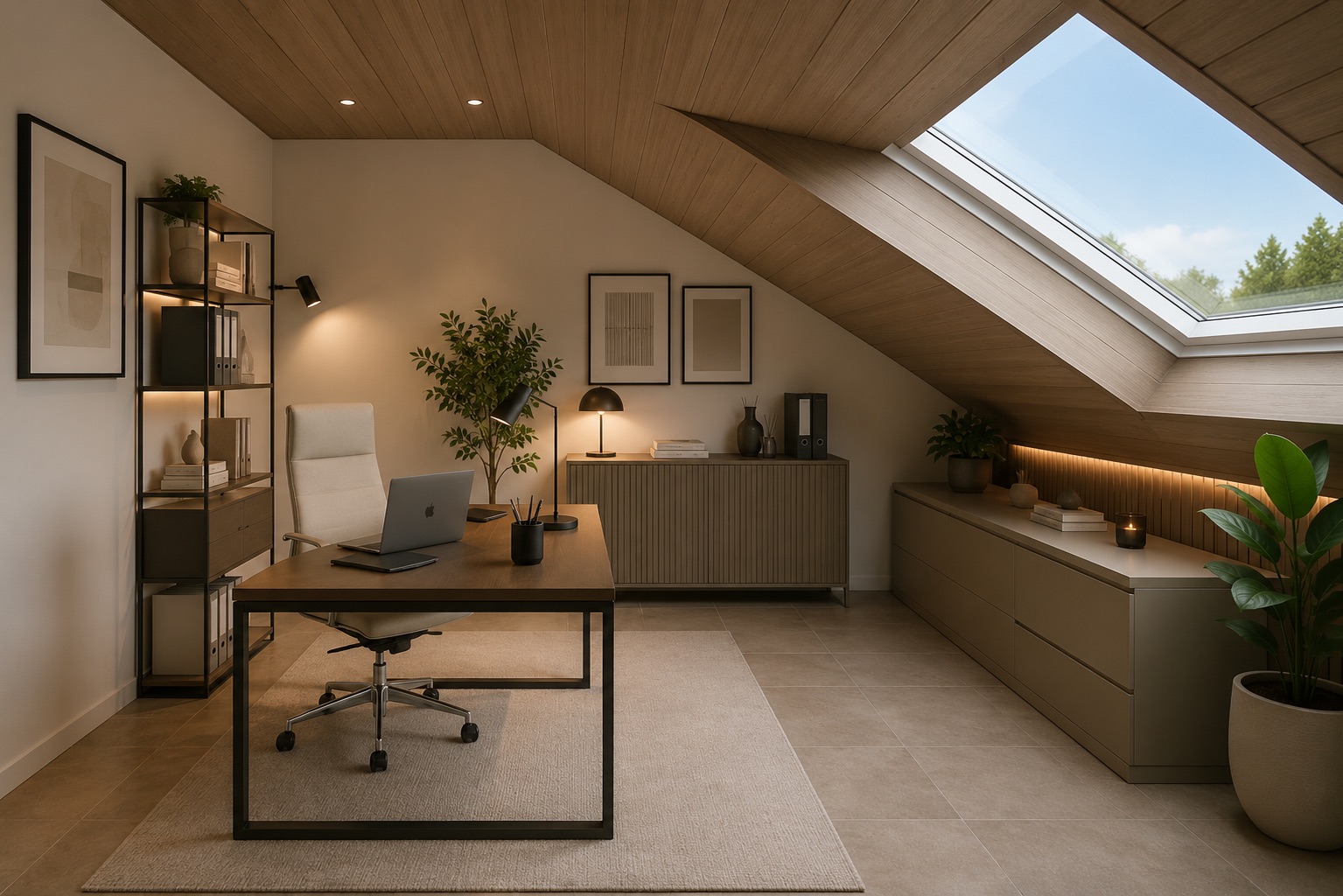Modernes Arbeitszimmer mit Schreibtisch, Stuhl, Regal, Pflanzen und großem Dachfenster.