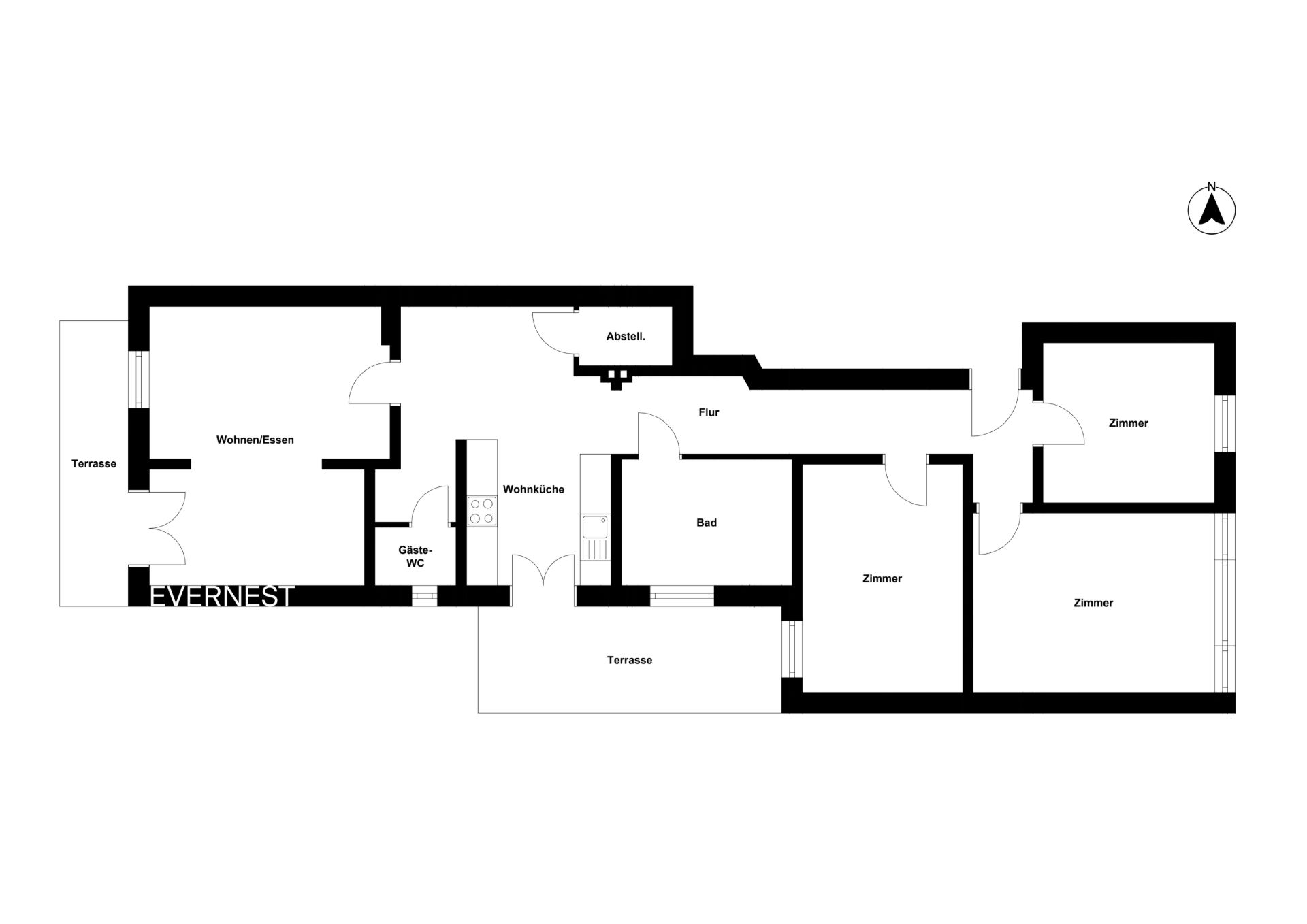 Grundriss einer Wohnung mit Wohnküche, drei Zimmern, Bad, Gäste-WC, Abstellraum und zwei Terrassen.