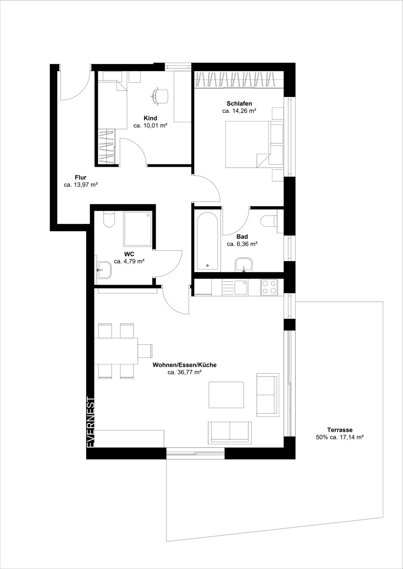 Grundriss einer Wohnung mit Schlafzimmer, Kinderzimmer, Bad, WC, Flur, Wohnbereich und Terrasse.