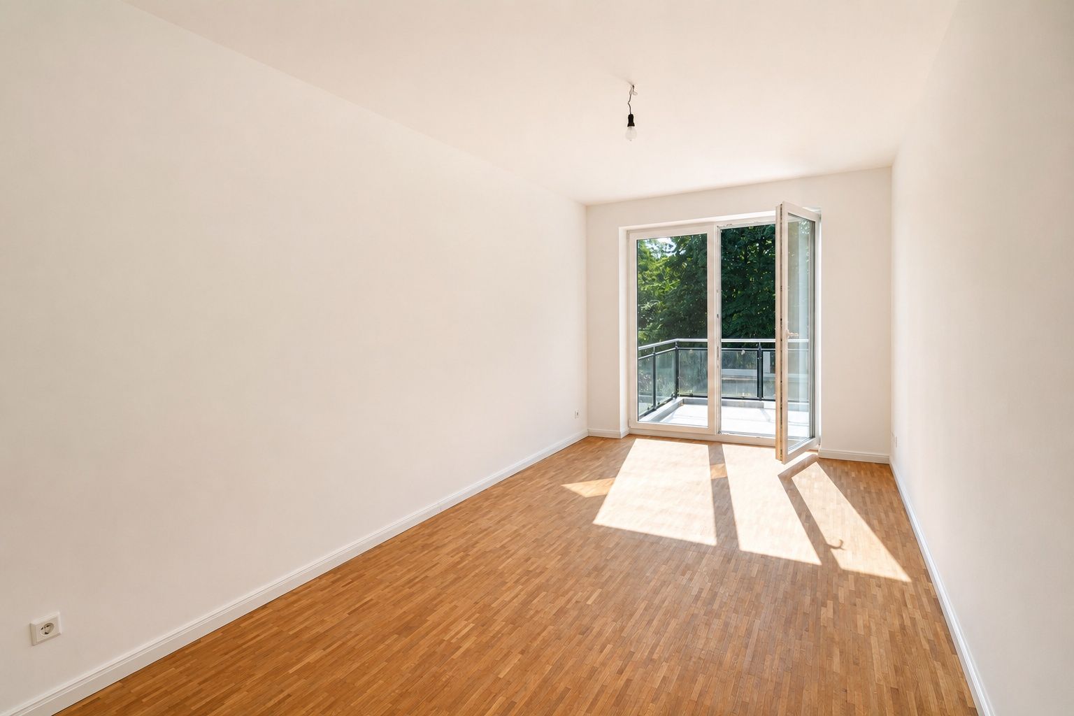 Leerer, heller Raum mit Holzfußboden und großer Glastür zu einem Balkon.