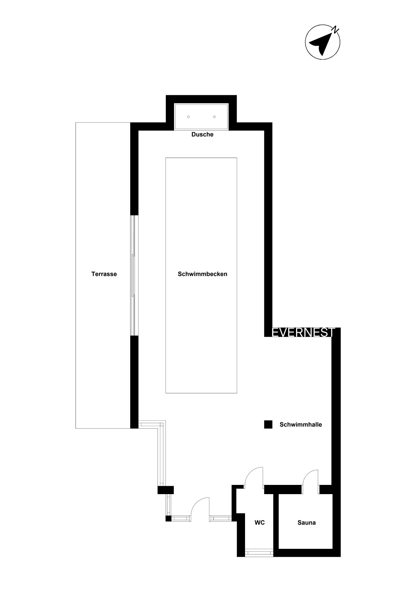 Grundriss mit Schwimmbecken, Terrasse, Dusche, WC und Sauna.