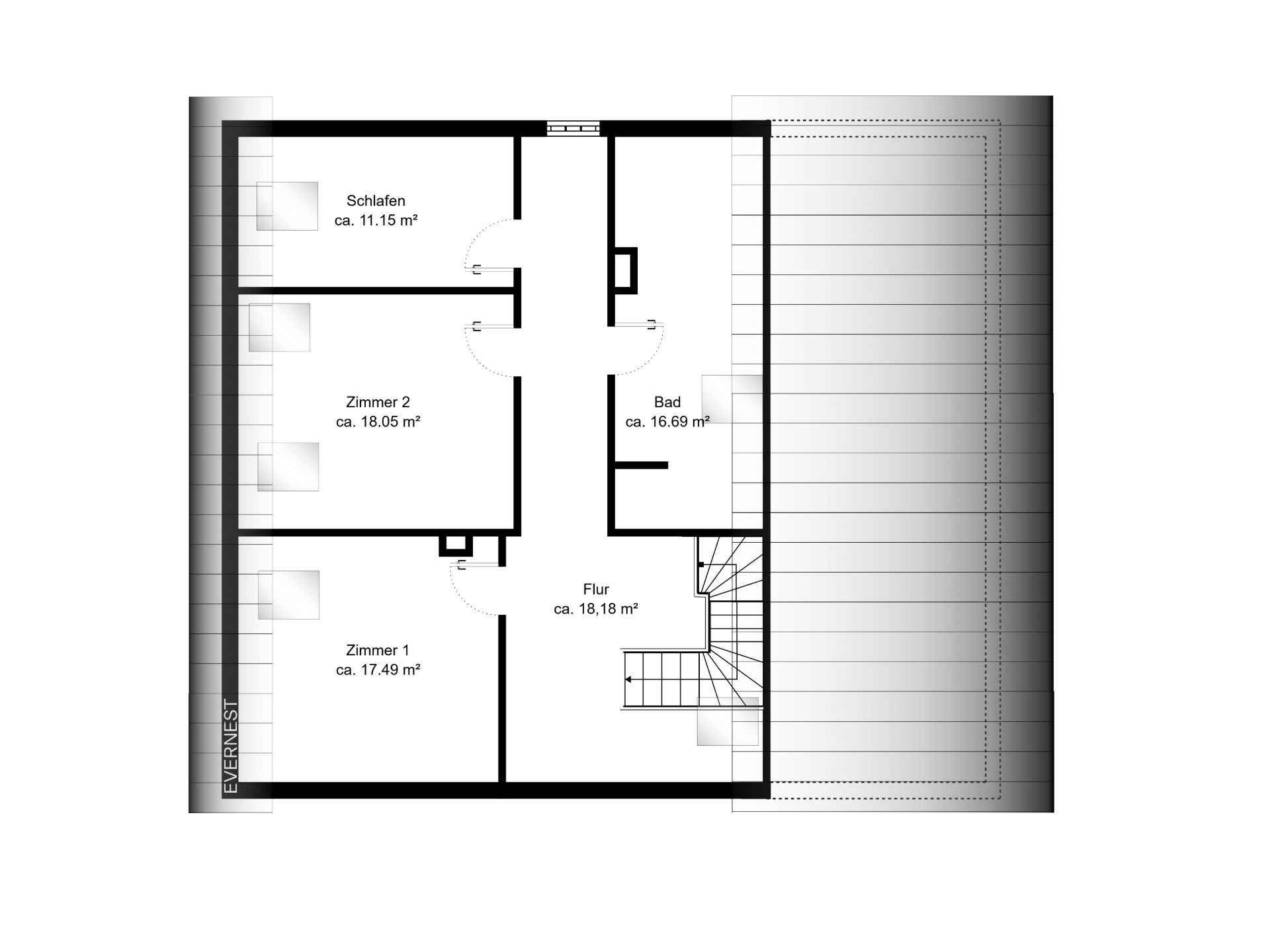 Grundriss mit drei Zimmern, Flur, Bad und Treppenhaus.