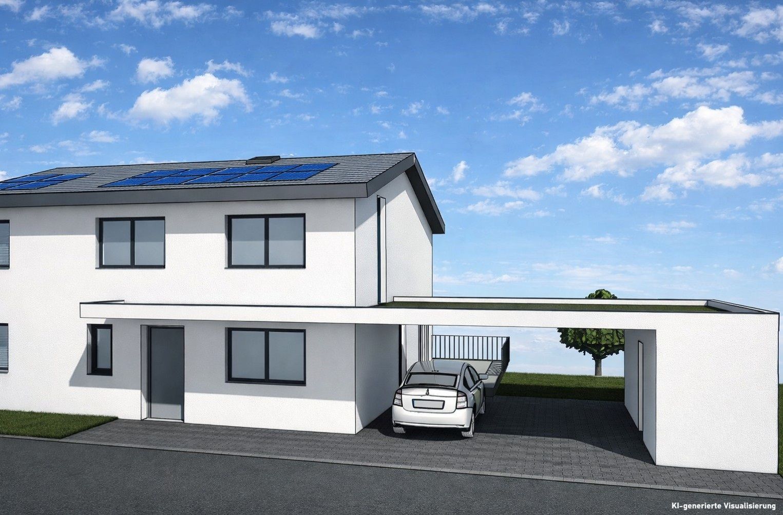 Modernes zweistöckiges Haus mit Solarpanelen und Carport, in dem ein Auto steht.