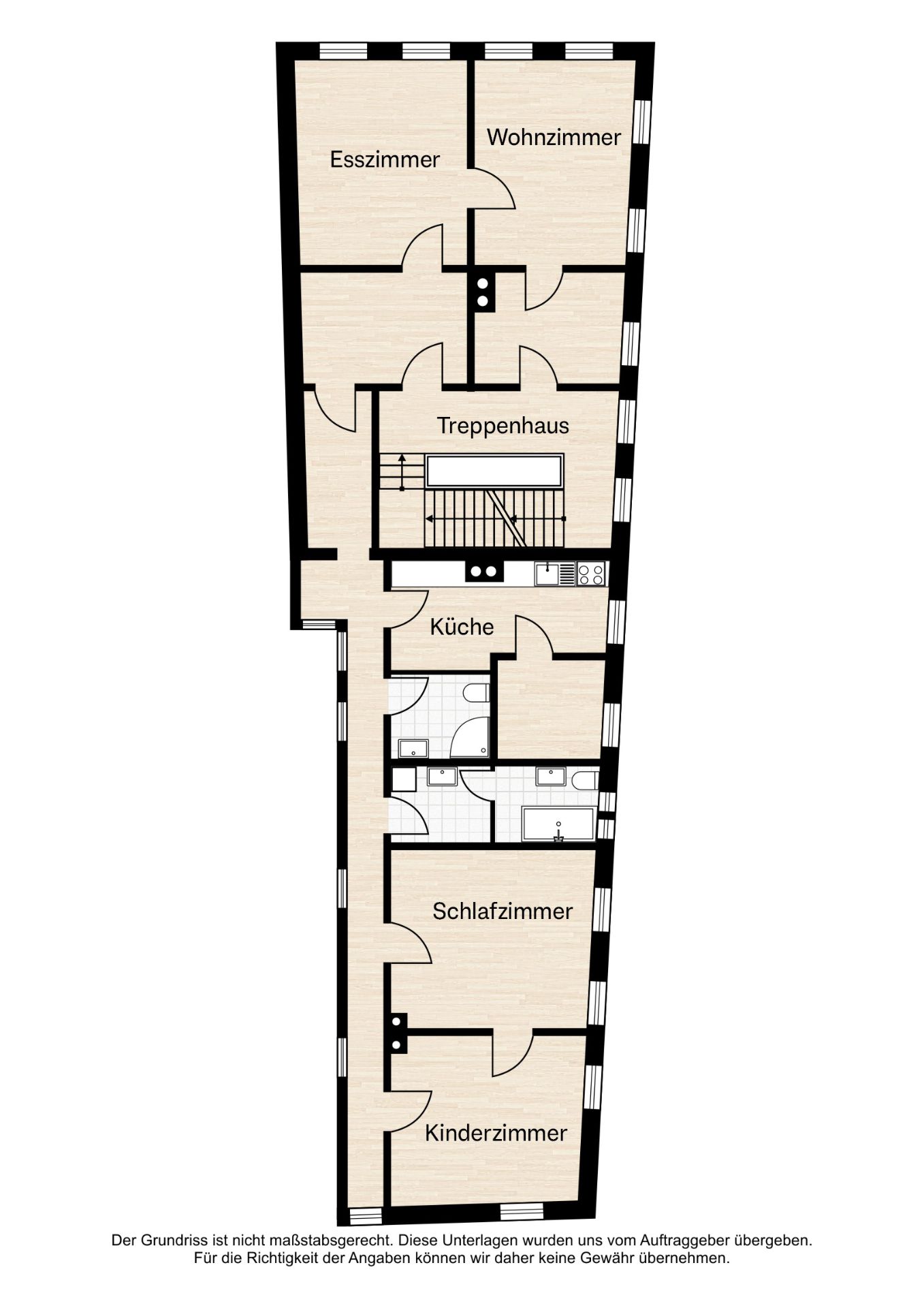 Grundriss einer Wohnung mit Esszimmer, Wohnzimmer, Küche, Schlafzimmer, Kinderzimmer und Bad.
