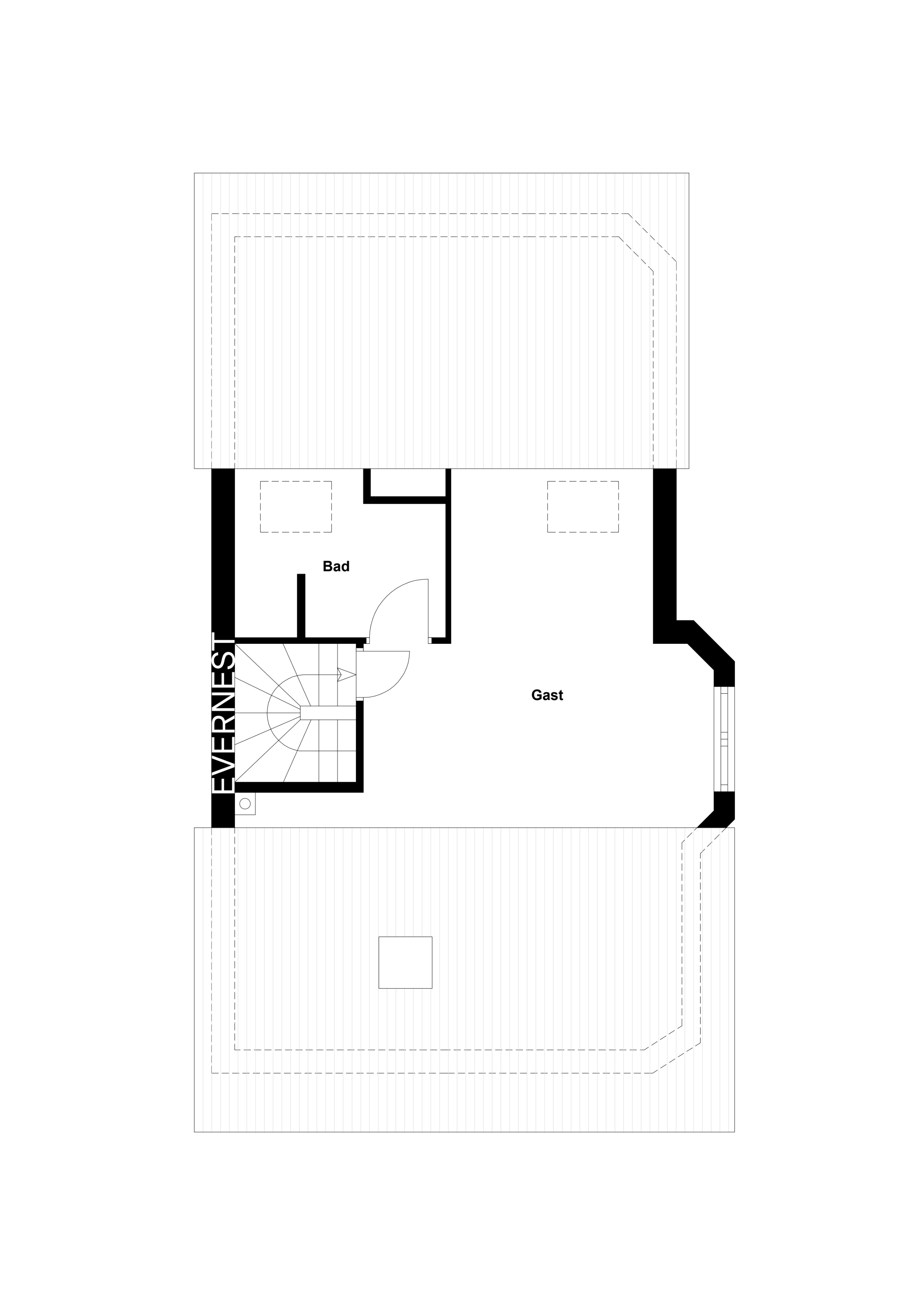 Grundriss mit Treppe, Bad und Gästezimmer, Räume klar beschriftet.
