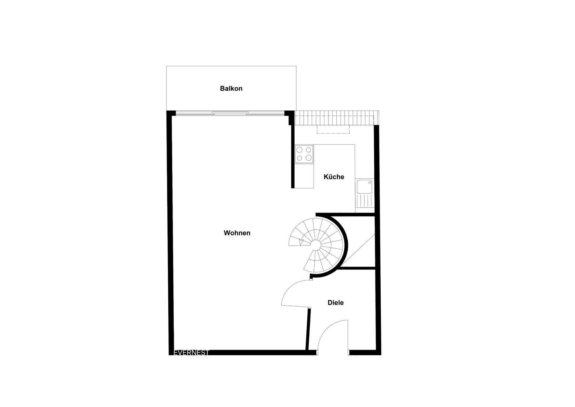 Grundriss mit Wohnen, Küche, Diele und Balkon, sowie einer Wendeltreppe.
