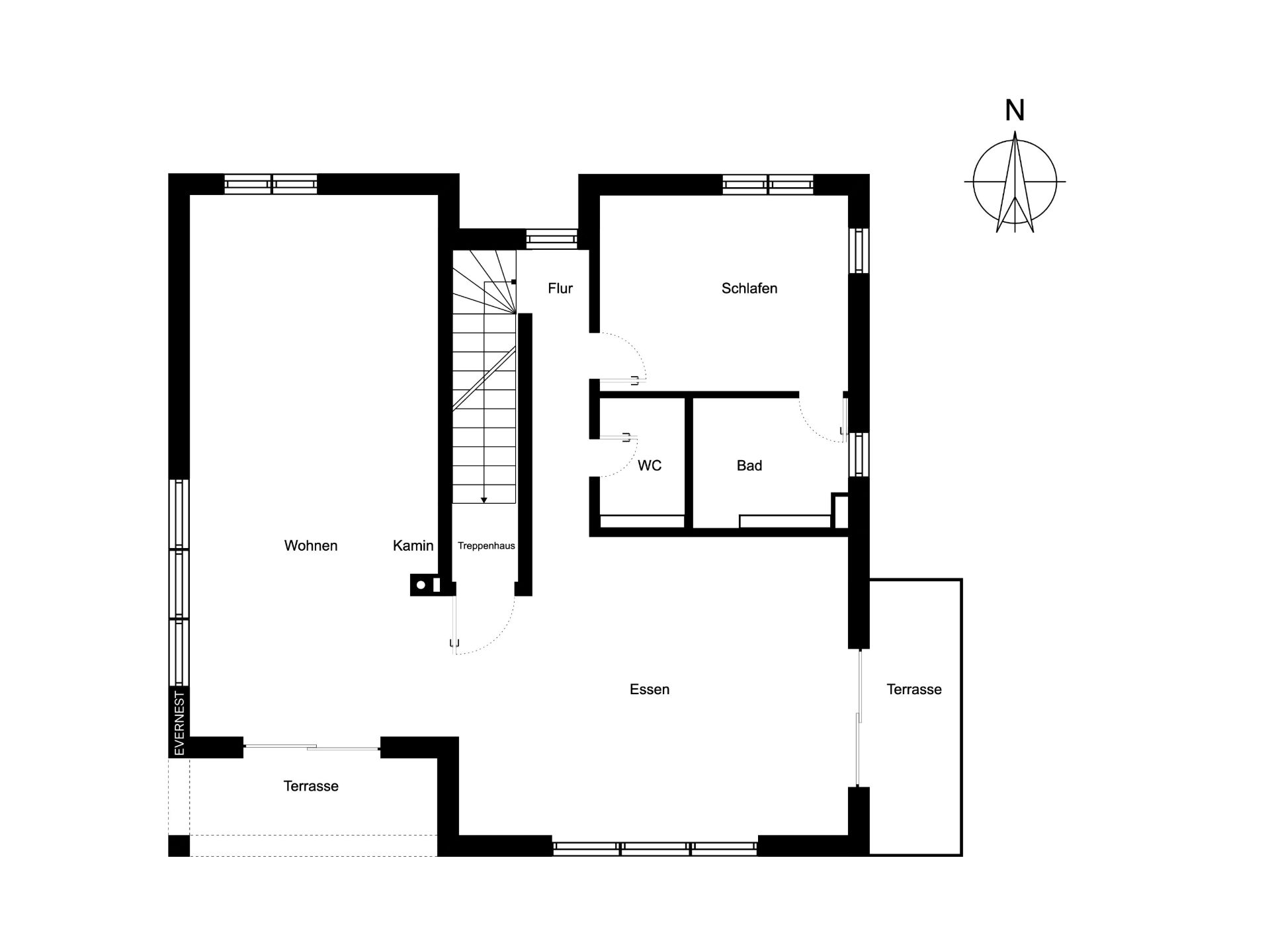 Grundriss mit Wohn-, Esszimmer, Schlafzimmer, Bad, WC, Flur, Treppenhaus und zwei Terrassen.
