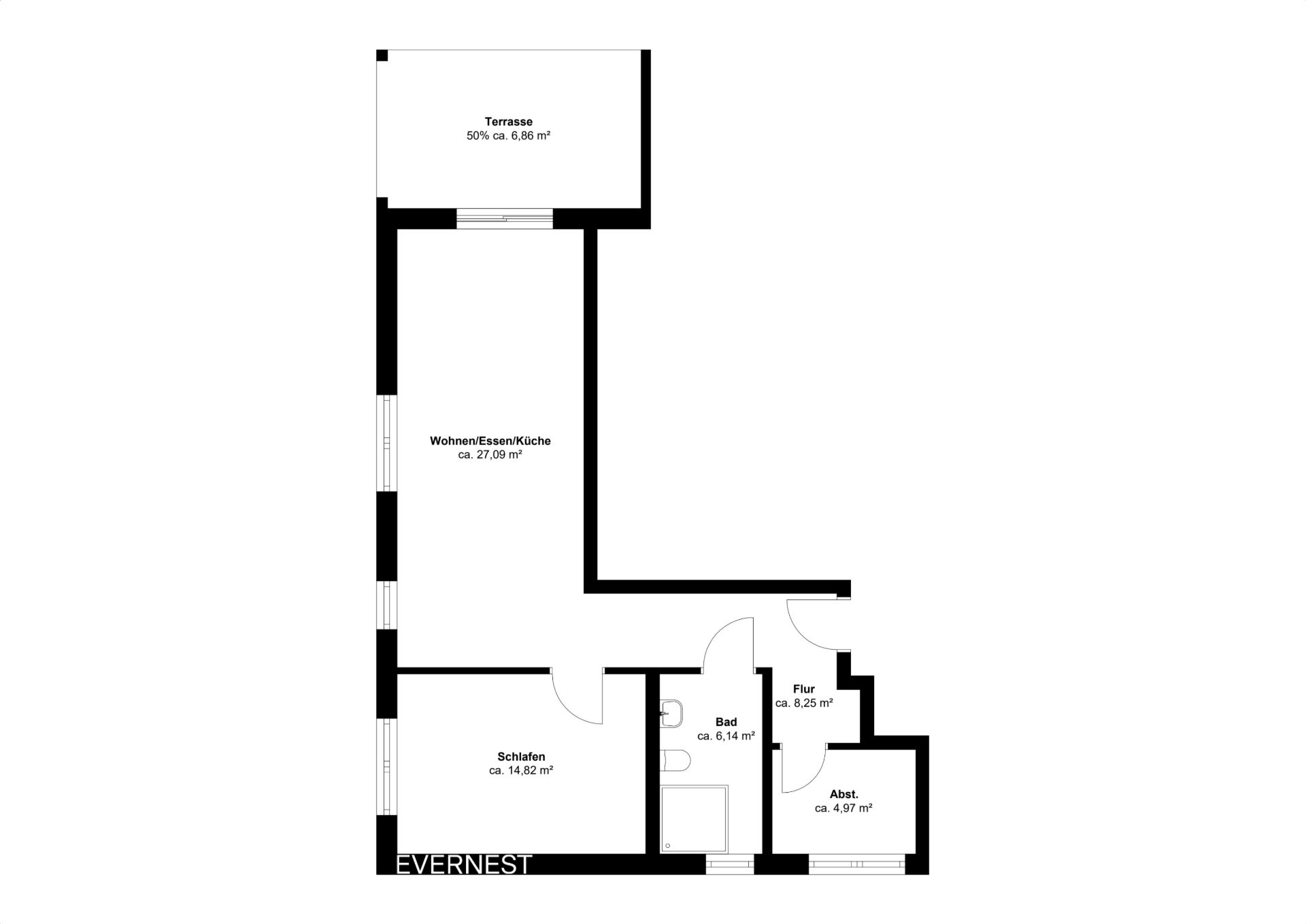 Grundriss einer Wohnung mit Terrasse, Wohnbereich, Schlafzimmer, Bad, Flur und Abstellraum.