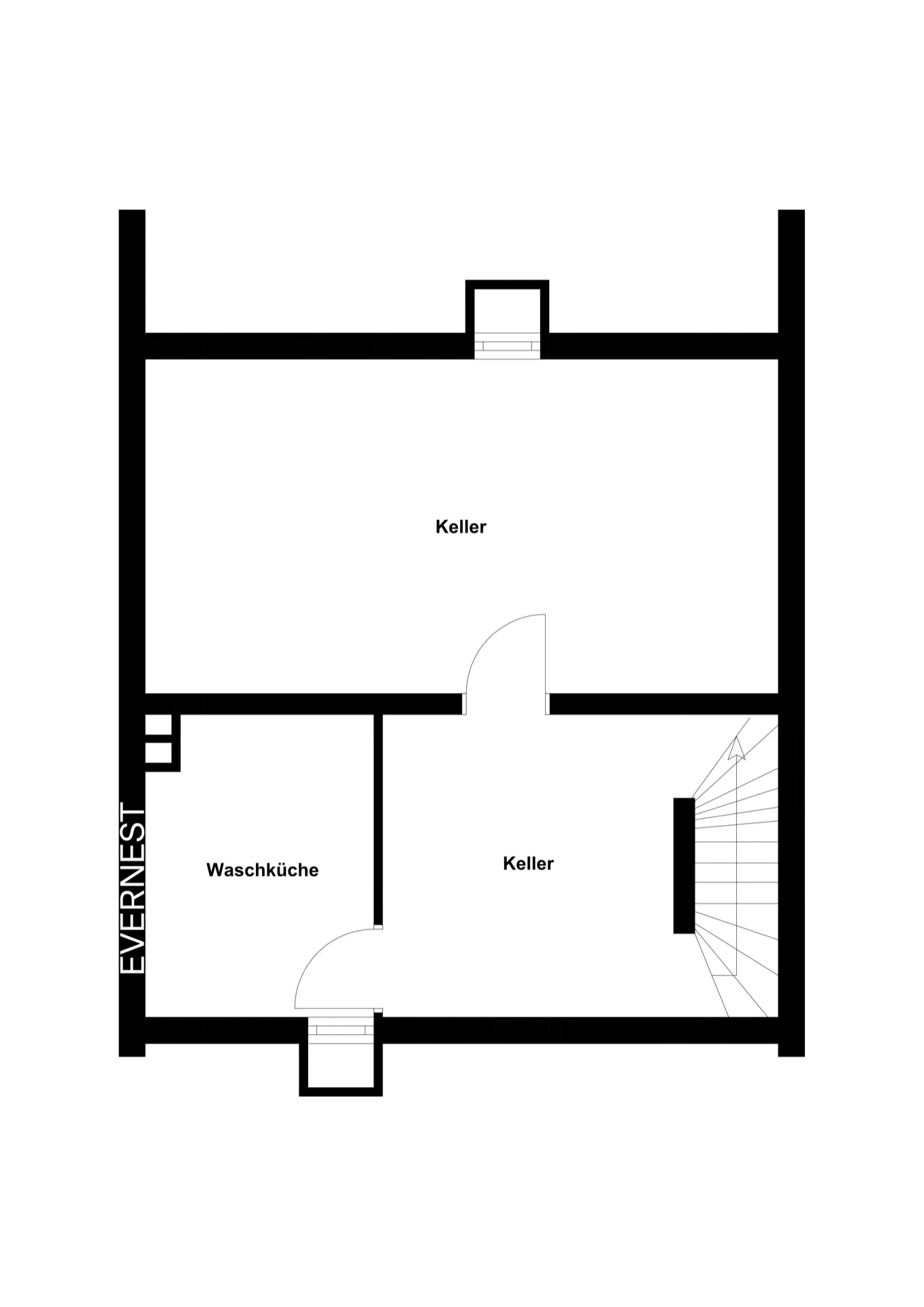 Grundriss mit zwei Kellerräumen und einer Waschküche, dazu Treppe und Eingänge sichtbar.