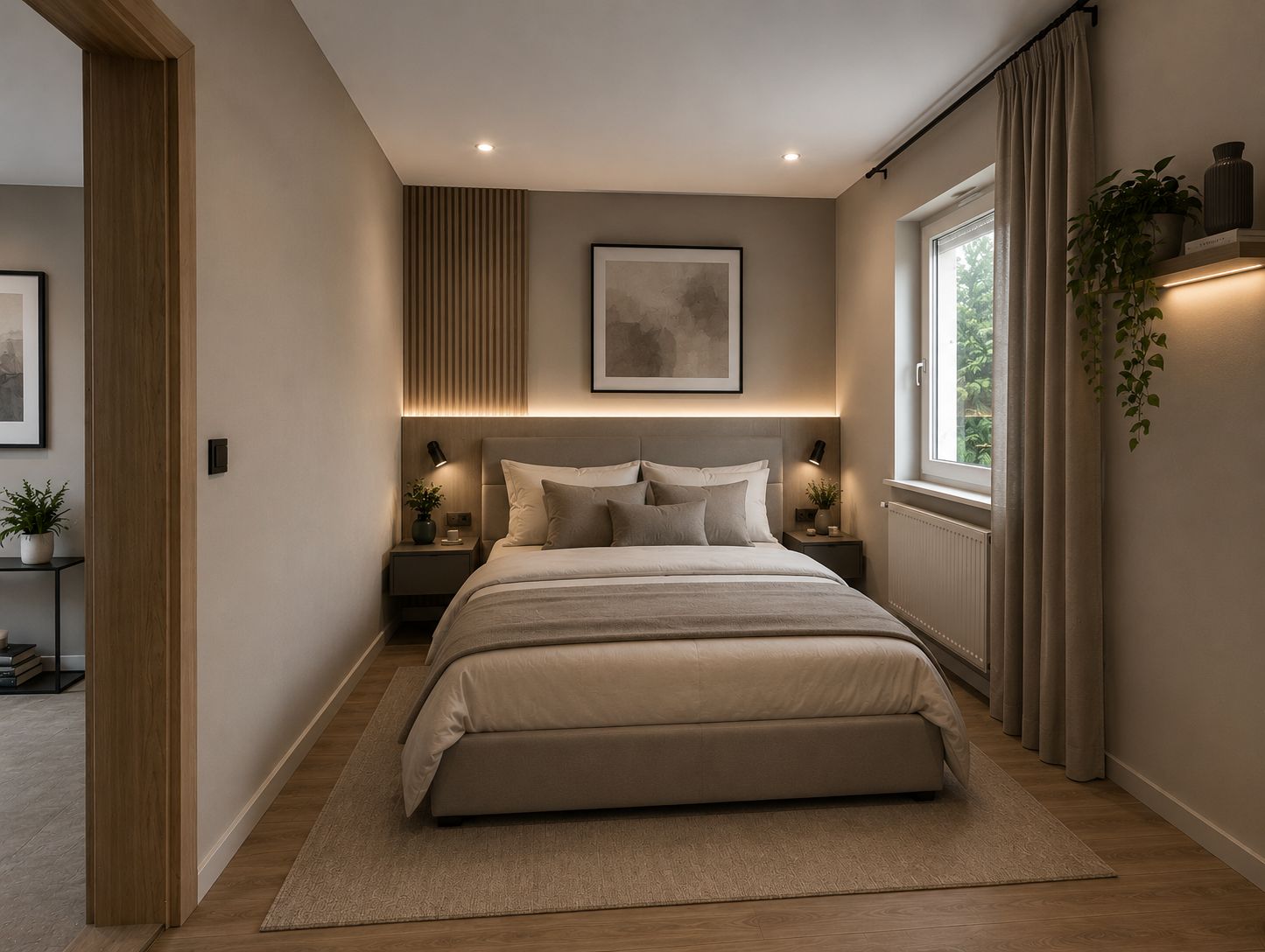 Modernes Schlafzimmer mit Doppelbett, Nachttischen, Fenster und Wandbild.