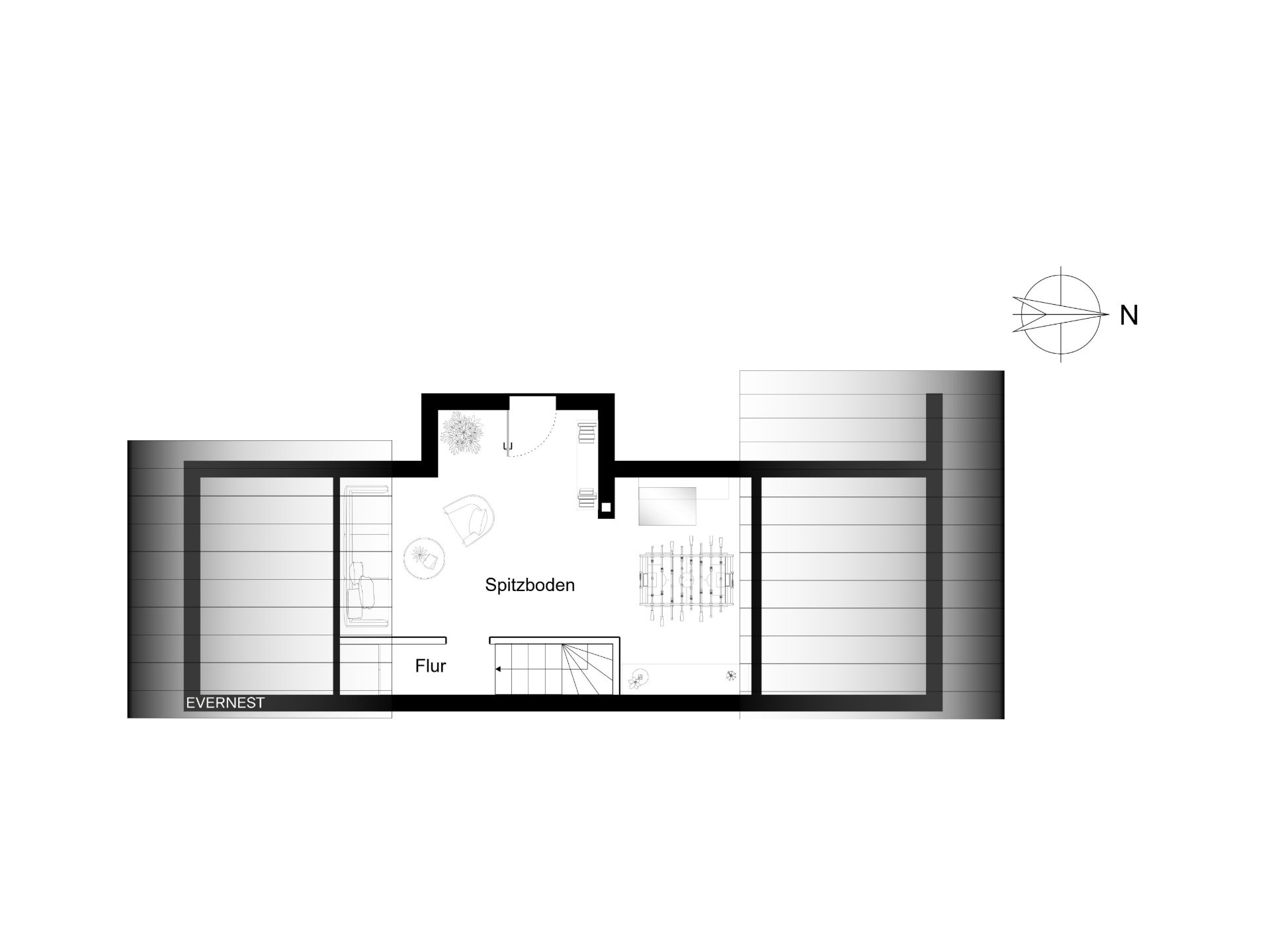 Grundriss eines Spitzbodens mit Flur und Dachschrägen, eingezeichneten Möbeln und Treppe.