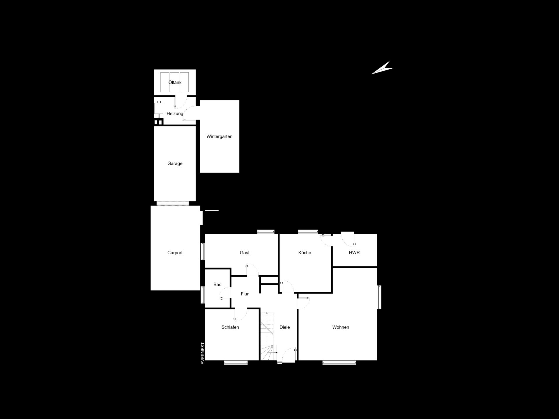 Grundriss eines Wohnhauses mit Garage, Carport, Wintergarten, Küche, Bad und mehreren Zimmern.