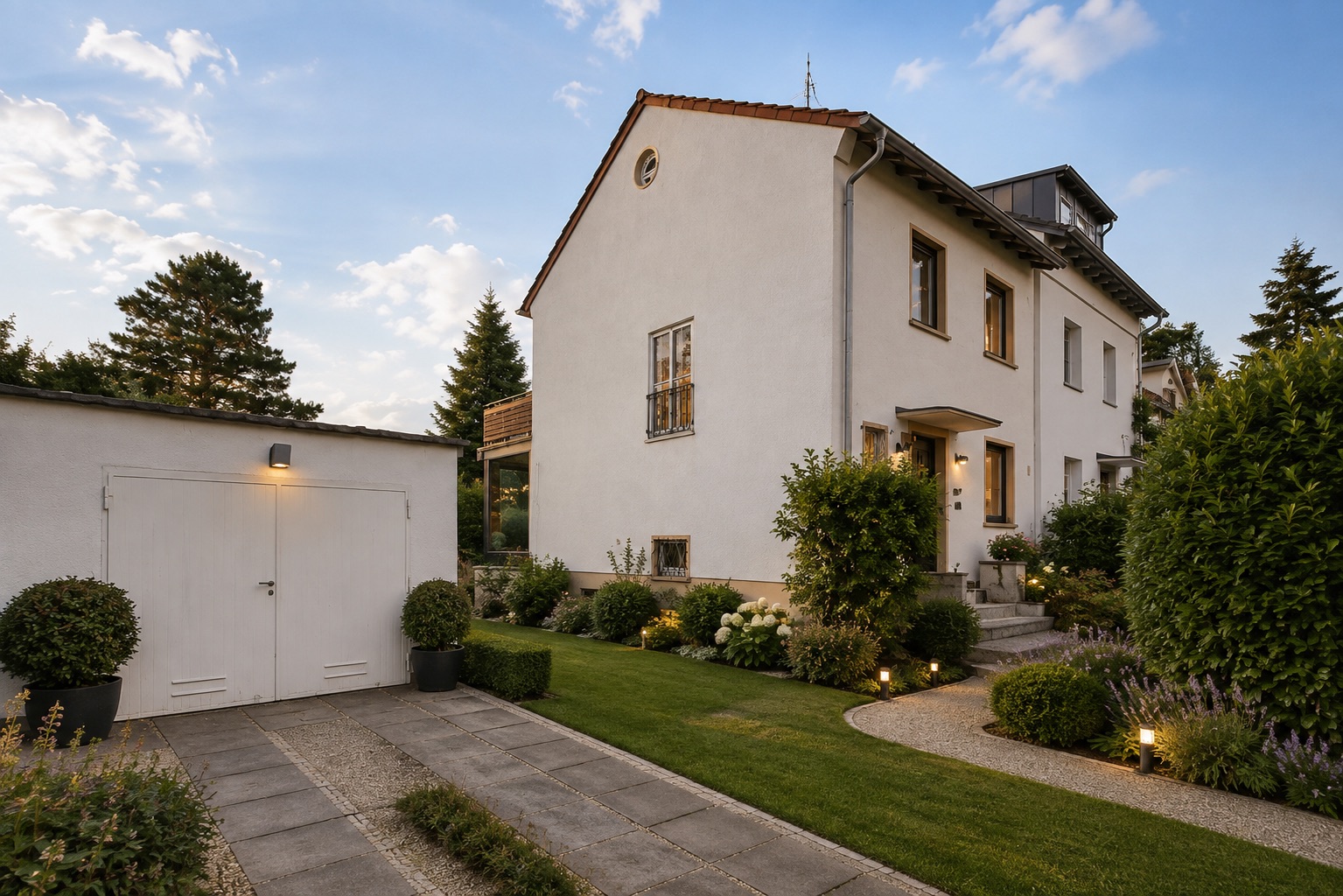 Weißes Wohnhaus mit gepflegtem Garten, Garage und Weg, umgeben von Hecken und Büschen.