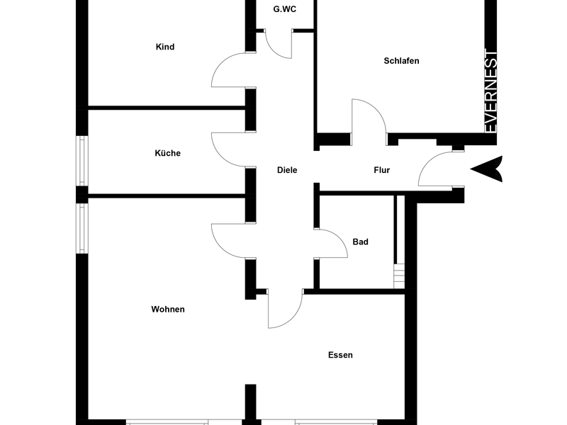 Grundriss mit Räumen: Kind, Küche, Wohnen, Schlafen, Essen, Bad, Gäste-WC, Diele und Flur.