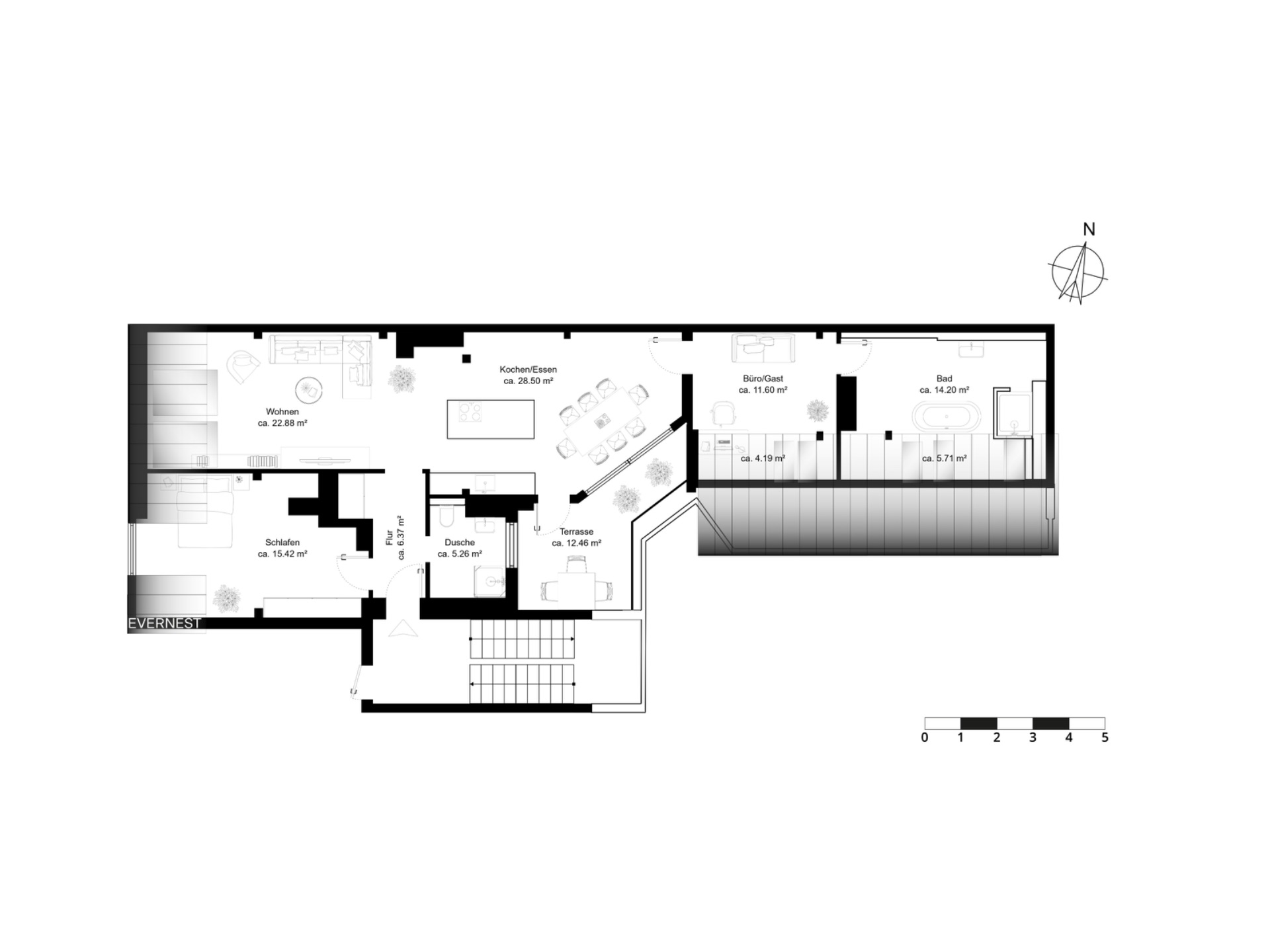 Grundriss einer Wohnung mit Wohn-, Schlaf-, Esszimmer, Bad und Terrasse.