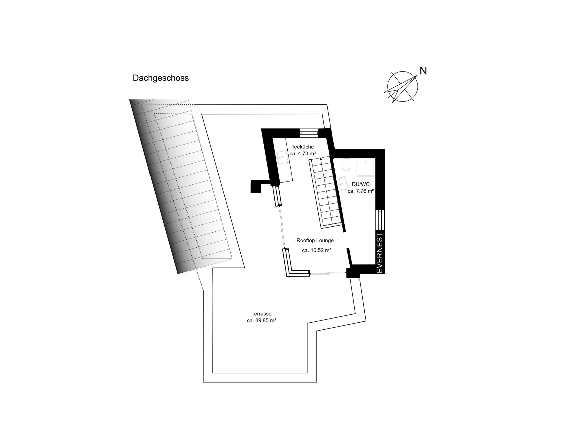 Grundriss eines Dachgeschosses mit Terrasse, Rooftop Lounge, Teeküche und Bad.