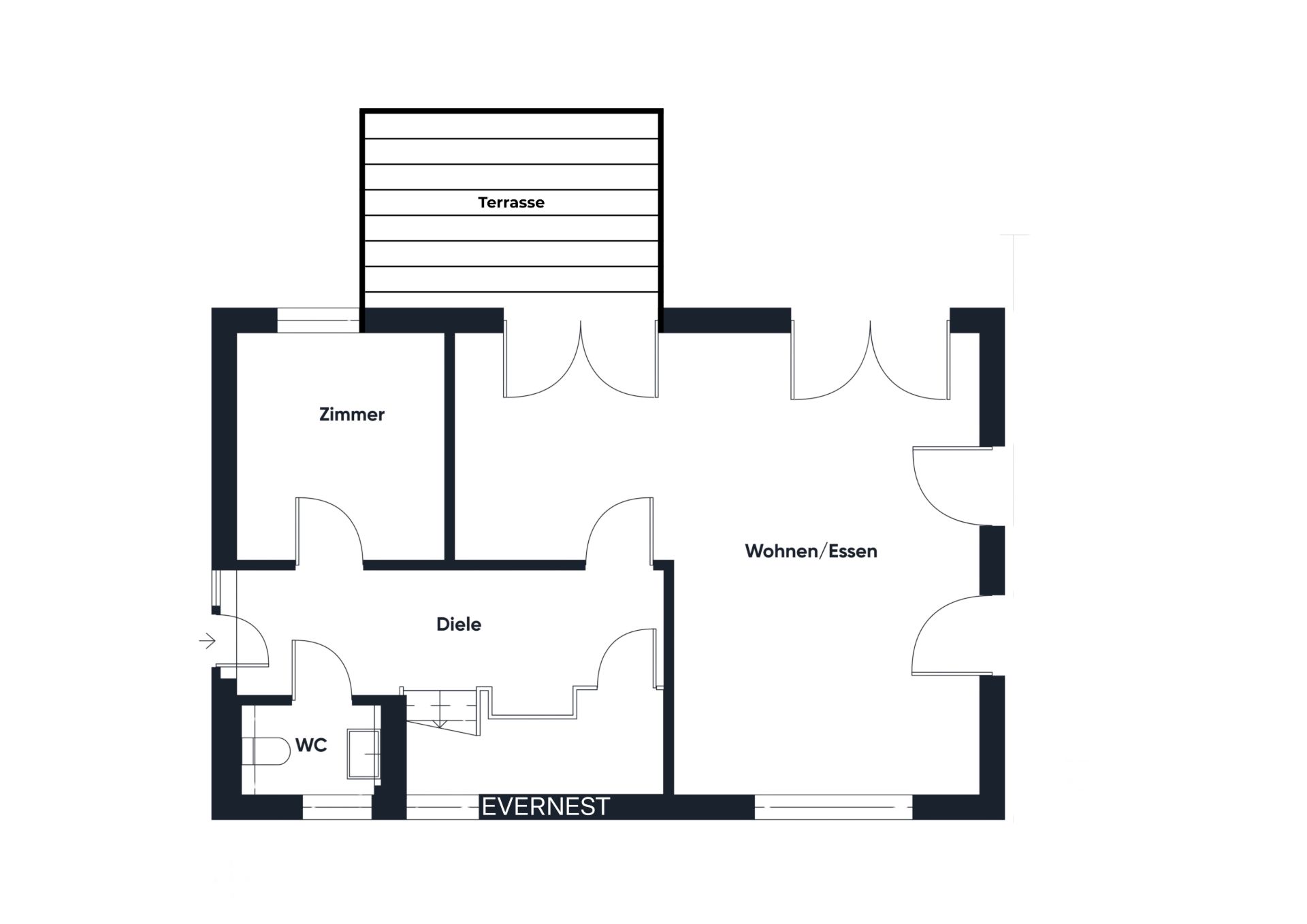 Grundriss mit Zimmer, Wohn-/Essbereich, WC, Diele und Terrasse.