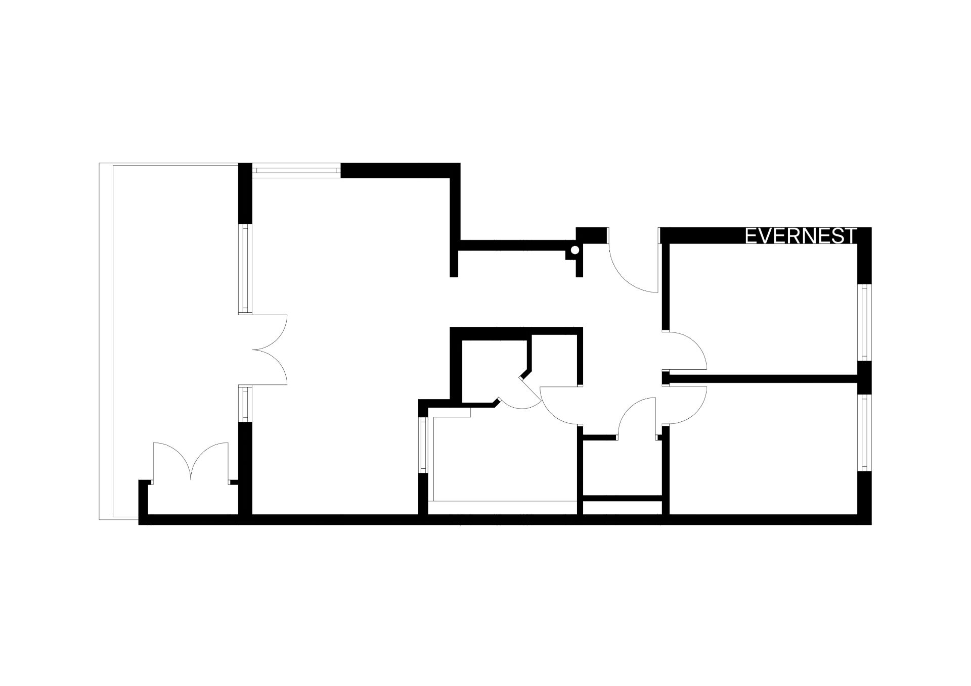 Grundriss einer Wohnung mit mehreren Zimmern und Türen, schwarz auf weiß dargestellt.