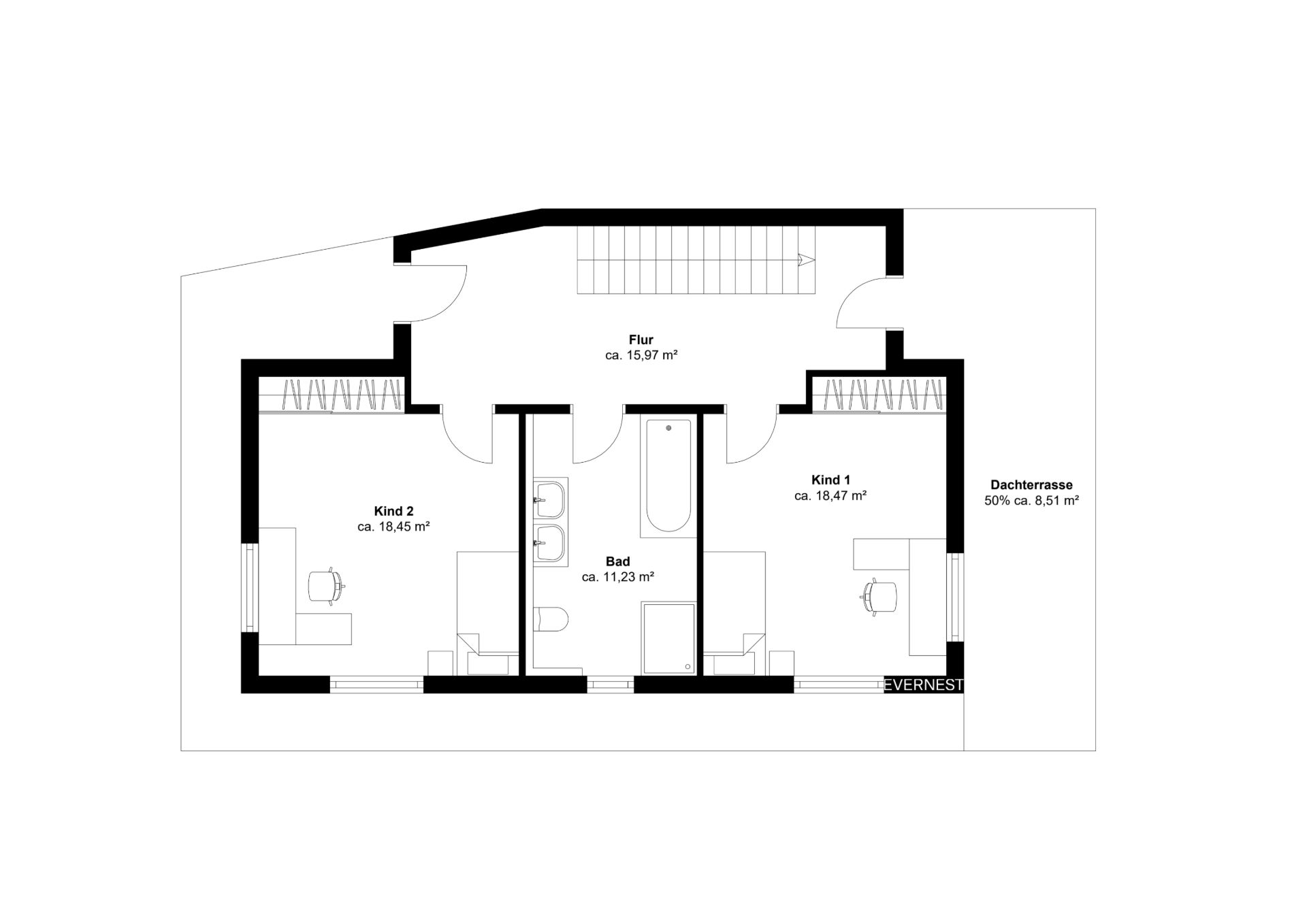 Grundriss mit zwei Kinderzimmern, einem Bad, Flur und Dachterrasse.