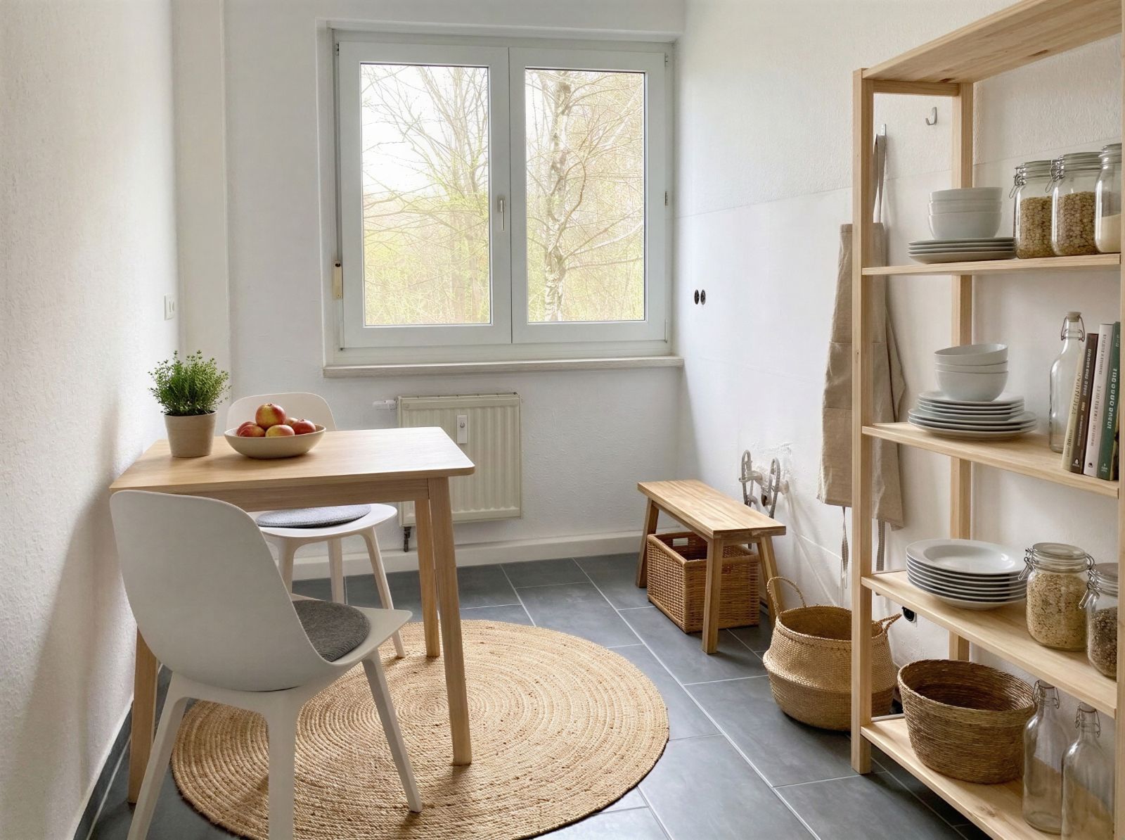 Helle Küche mit Holztisch, zwei Stühlen, Regal mit Geschirr und großem Fenster.