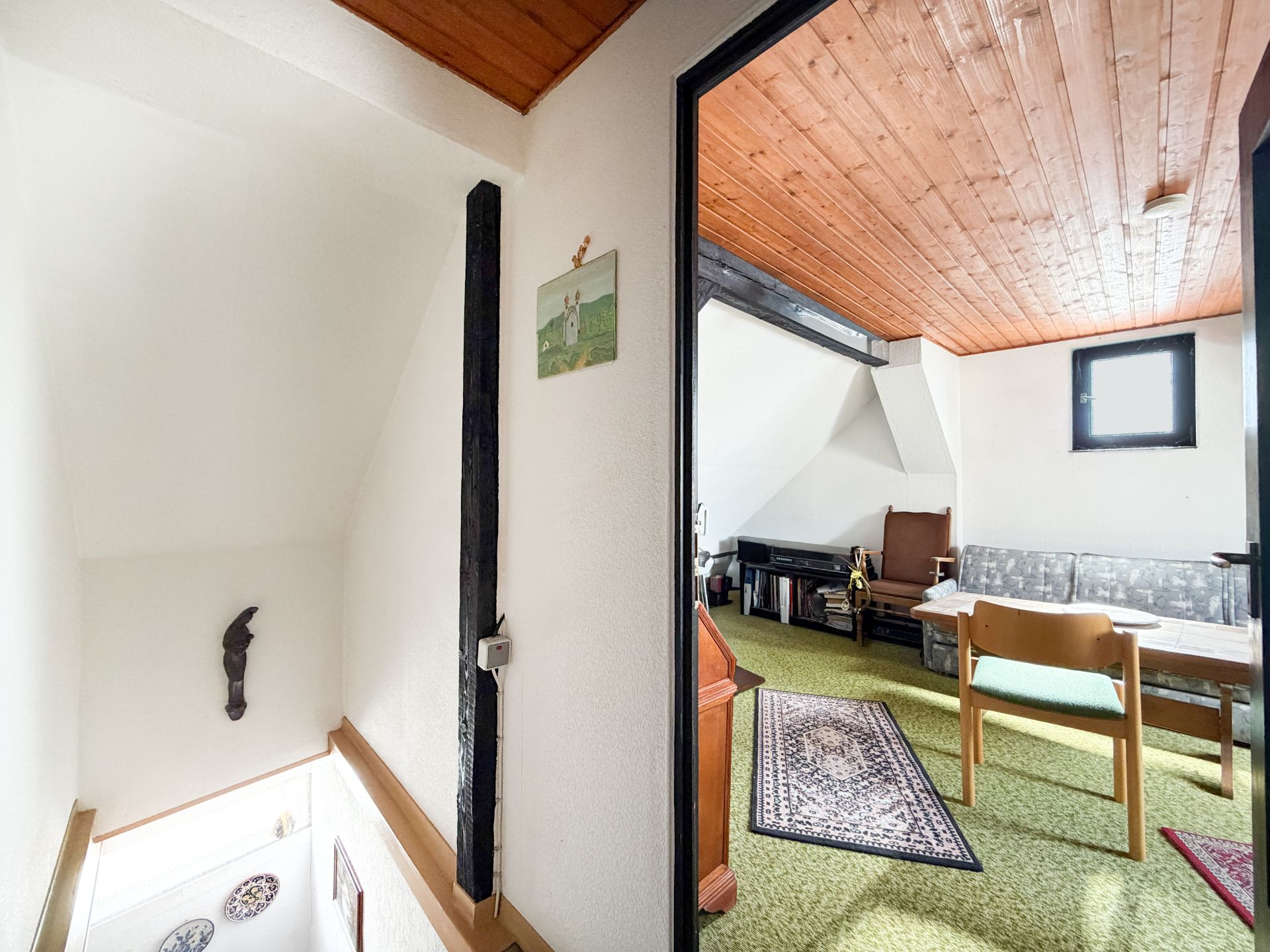 Blick vom Flur in ein Wohnzimmer mit Holzdecke, grünem Teppich und Sofa.