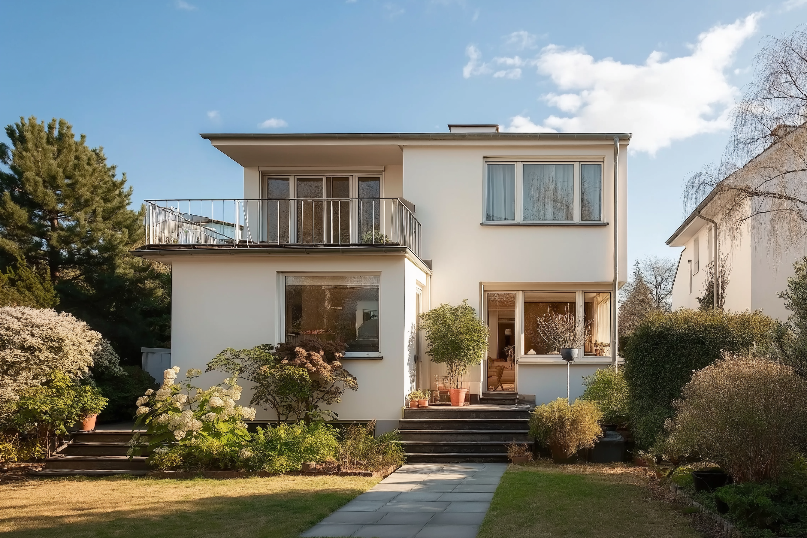 Modernes zweistöckiges Wohnhaus mit Balkon und großem Garten im Vordergrund.