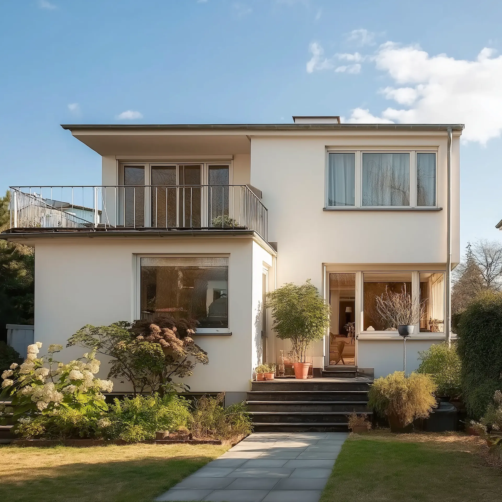 Modernes zweistöckiges Wohnhaus mit Balkon und großem Garten im Vordergrund.