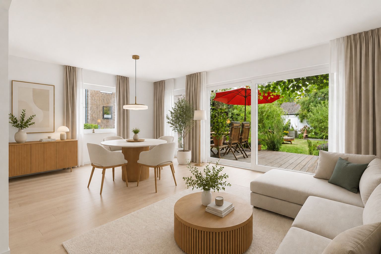 Helles Wohnzimmer mit Sofa, Esstisch und Zugang zur Terrasse mit Gartenmöbeln und rotem Sonnenschirm.