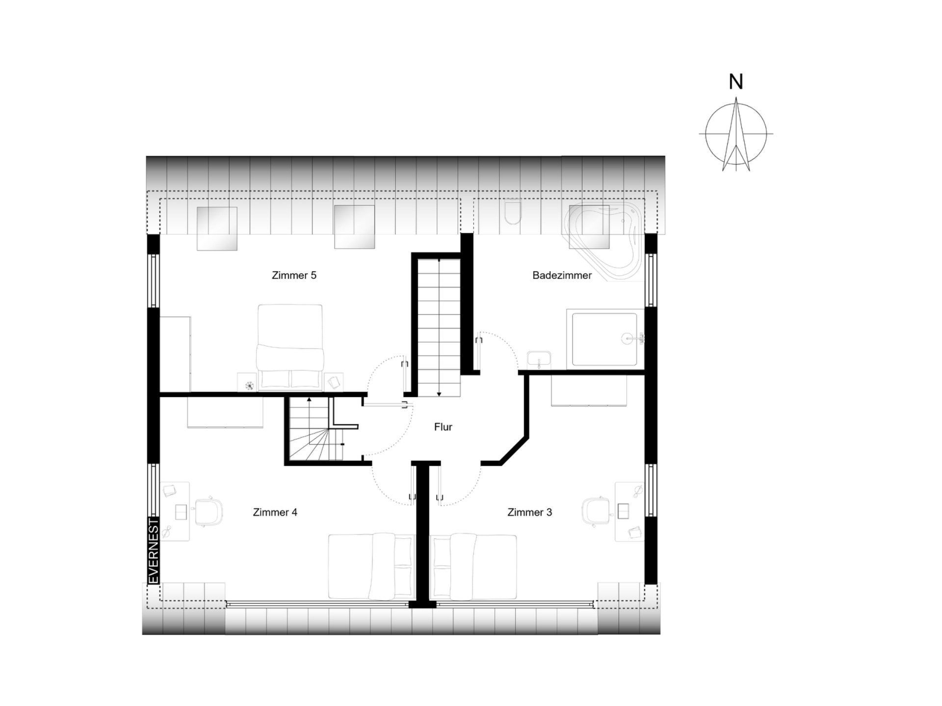Grundriss eines Obergeschosses mit drei Zimmern, Flur und Badezimmer.