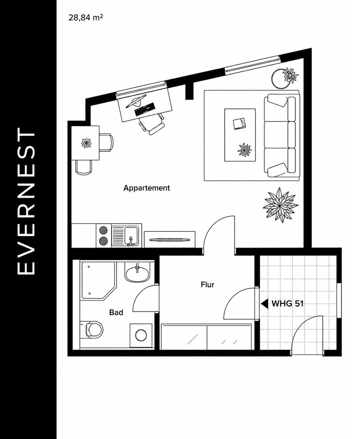 Grundriss einer kleinen Wohnung mit Wohnbereich, Küche, Bad und Flur.