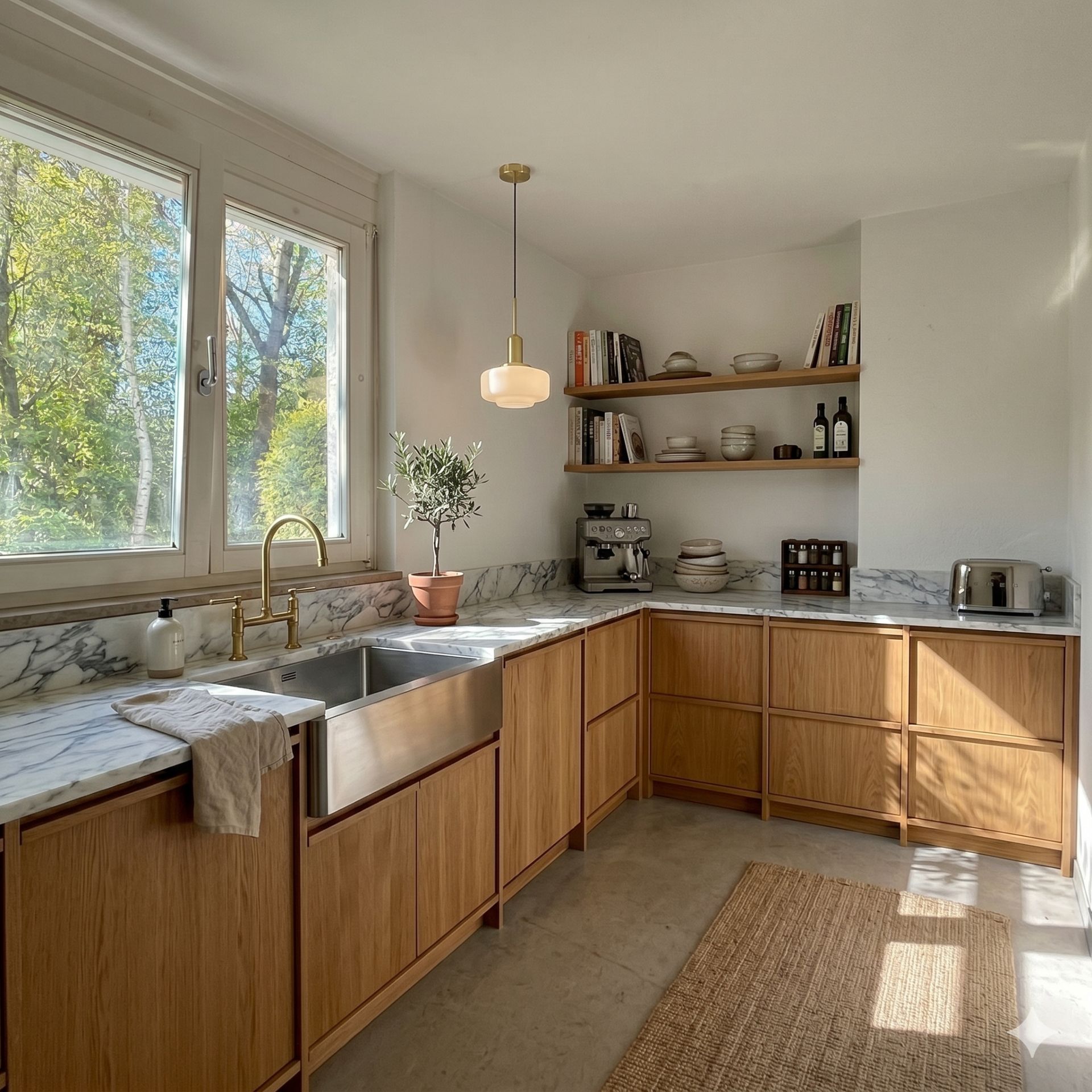 Helle Küche mit Holzmöbeln, Marmorarbeitsplatten, großen Fenstern und offenen Regalen.